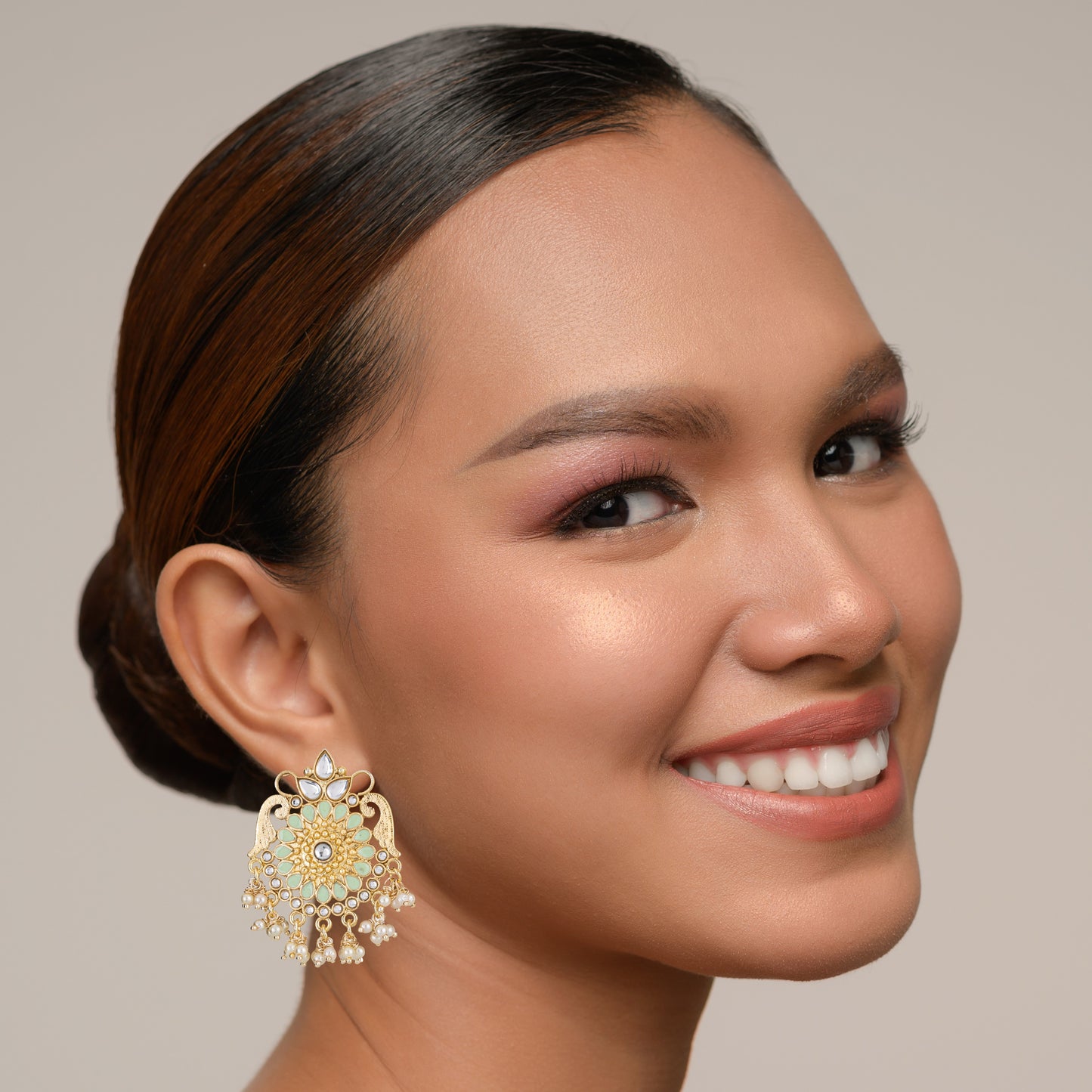 Bdiva 18K Gold Plated Green Kundan Meenakari Earrings with Semi Cultured Pearls.