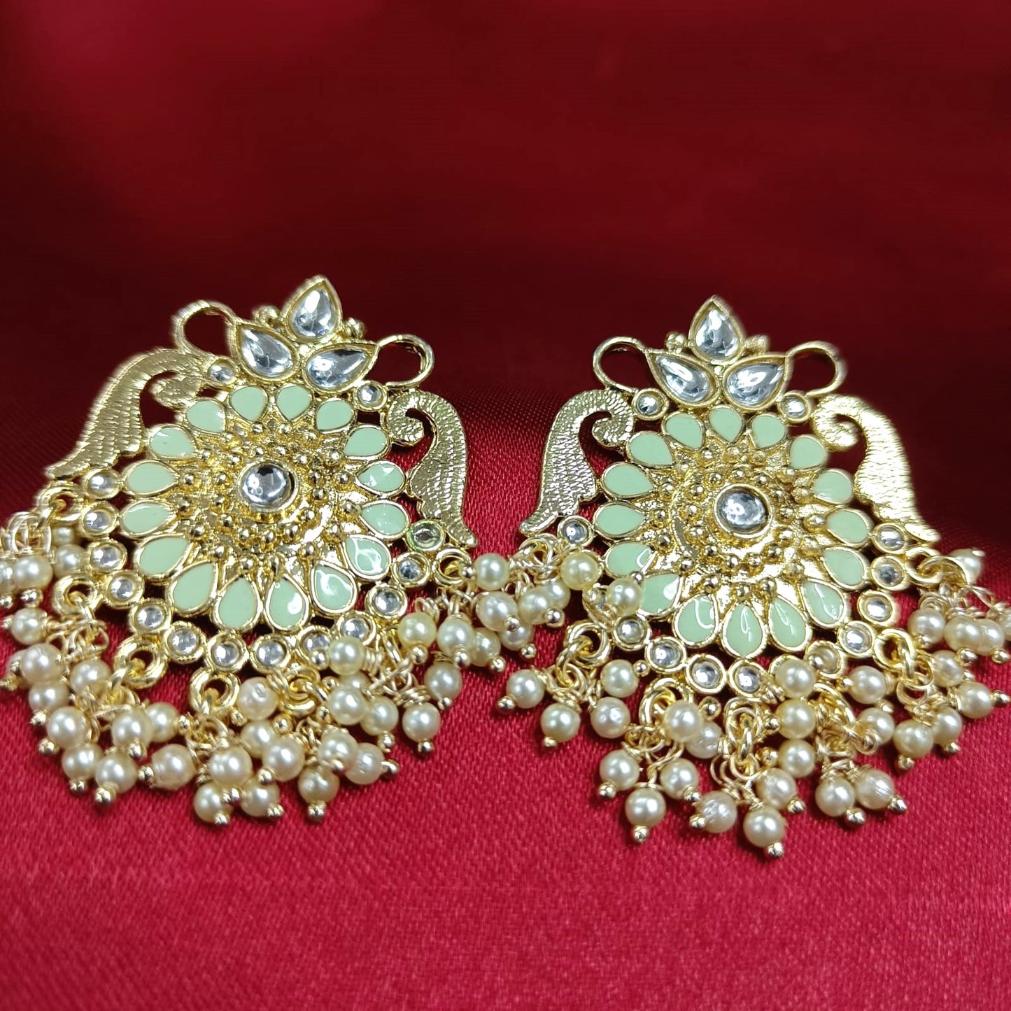 Bdiva 18K Gold Plated Green Kundan Meenakari Earrings with Semi Cultured Pearls.