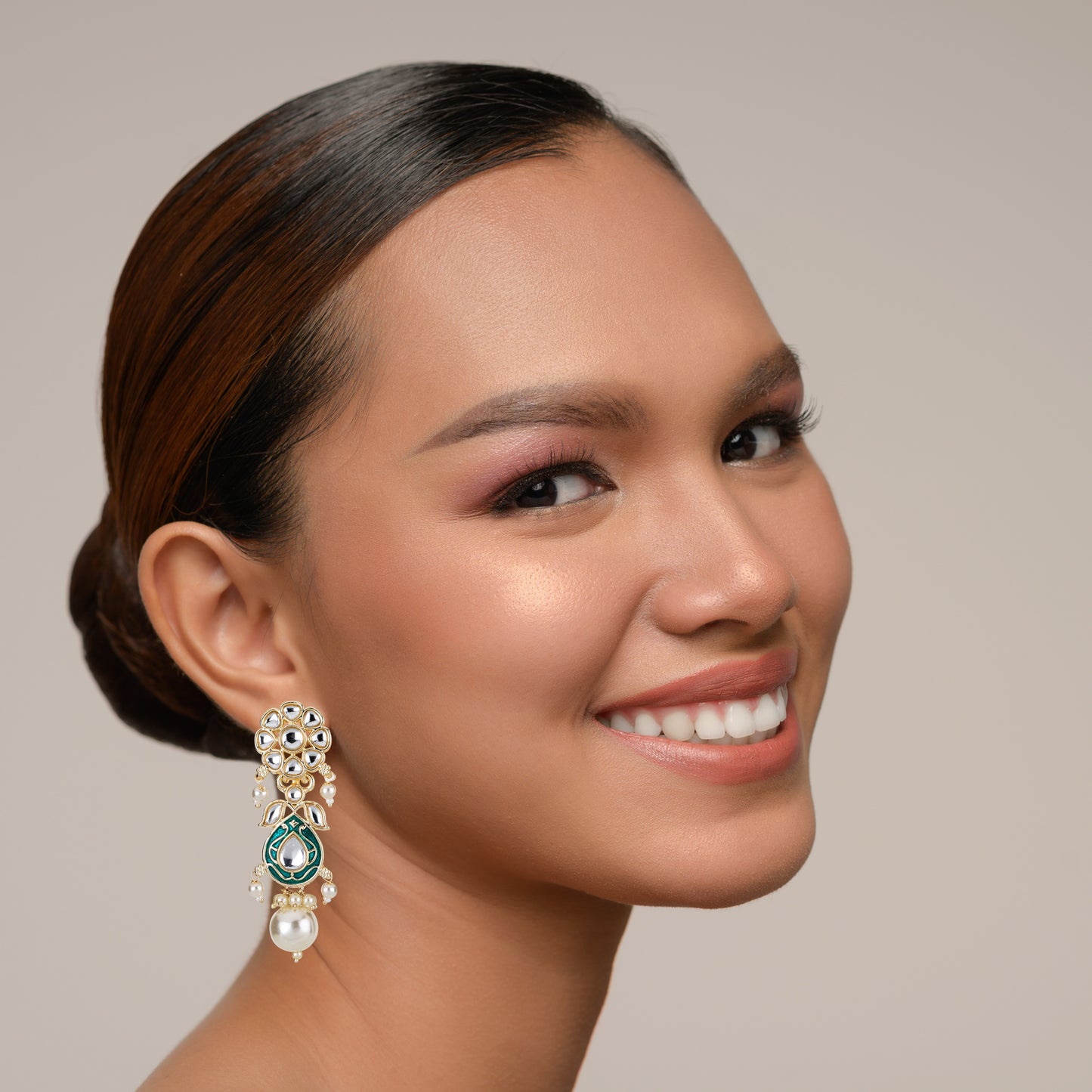 Bdiva 18K Gold Plated Green Kundan Meenakari Drop Earrings with Semi Cultured Pearls.