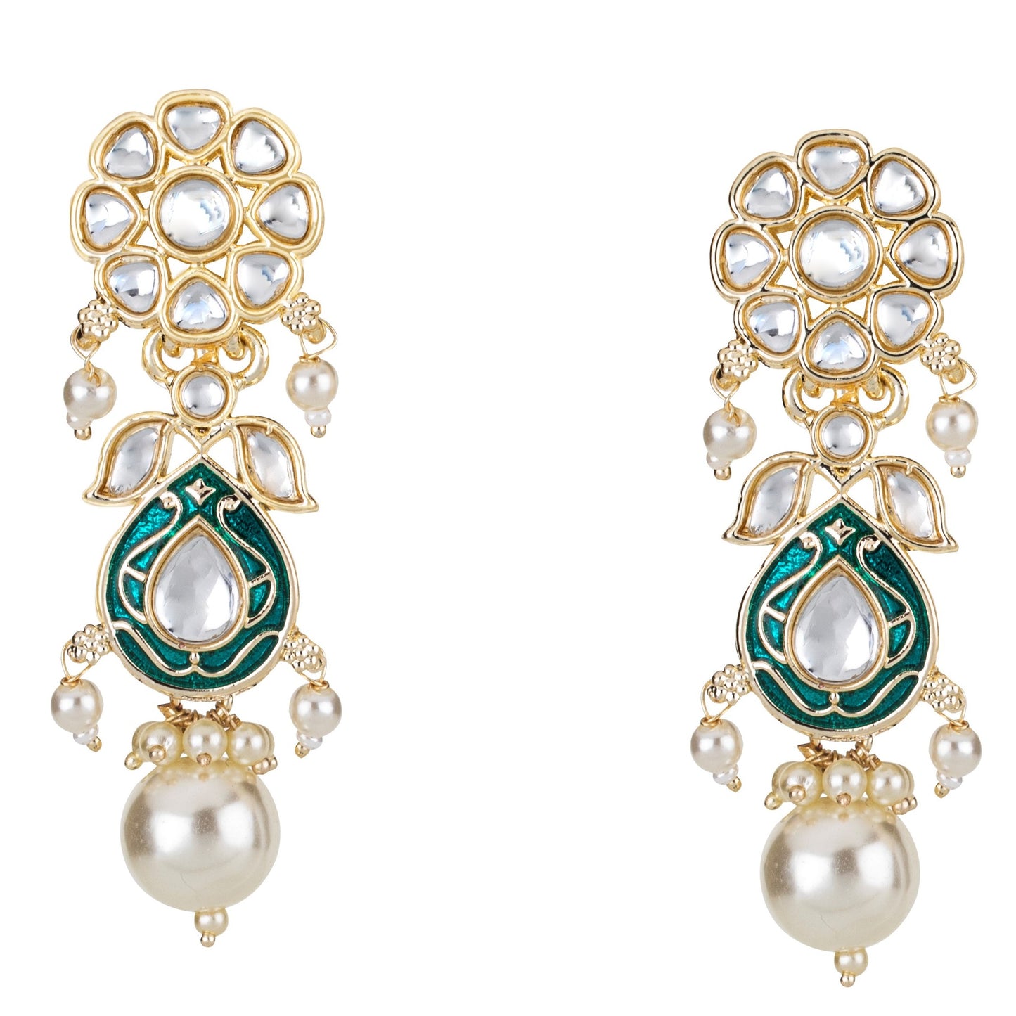 Bdiva 18K Gold Plated Green Kundan Meenakari Drop Earrings with Semi Cultured Pearls.