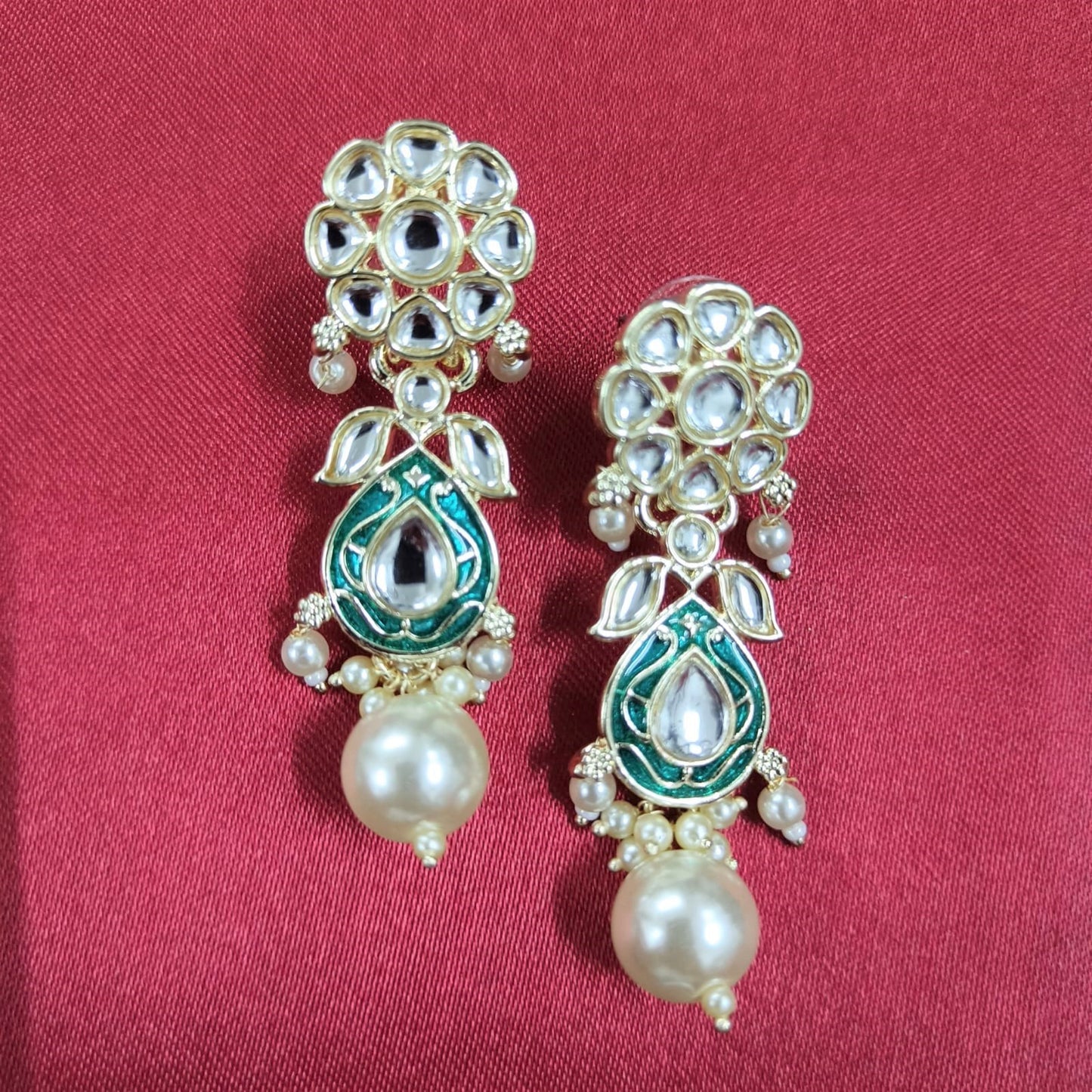 Bdiva 18K Gold Plated Green Kundan Meenakari Drop Earrings with Semi Cultured Pearls.