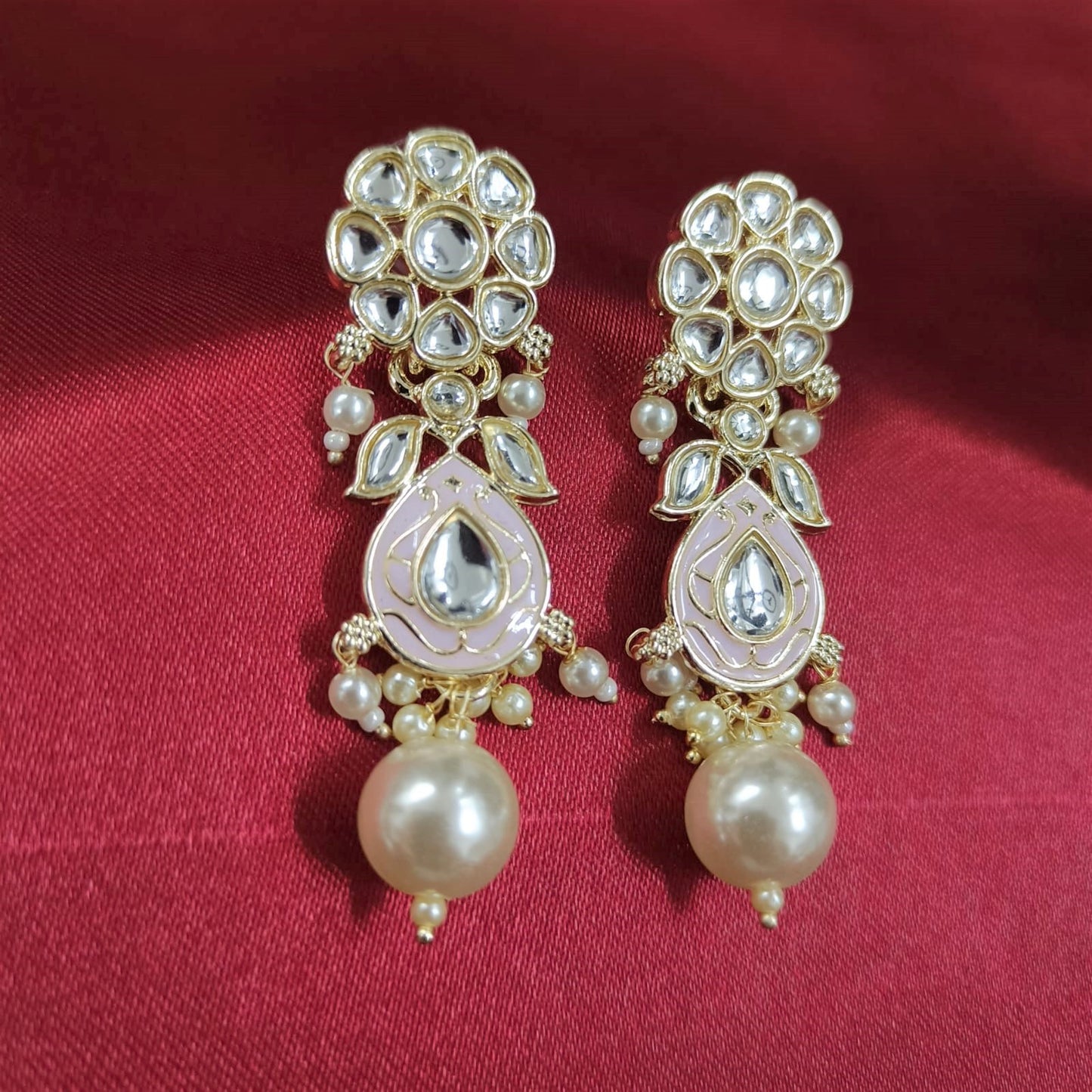 Bdiva 18K Gold Plated Pink Kundan Meenakari Drop Earrings with Semi Cultured Pearls.