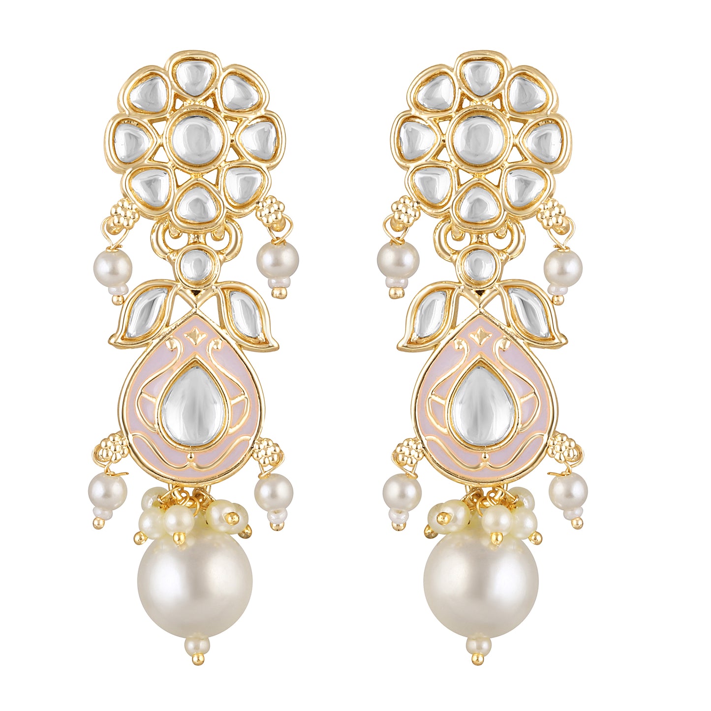 Bdiva 18K Gold Plated Pink Kundan Meenakari Drop Earrings with Semi Cultured Pearls.