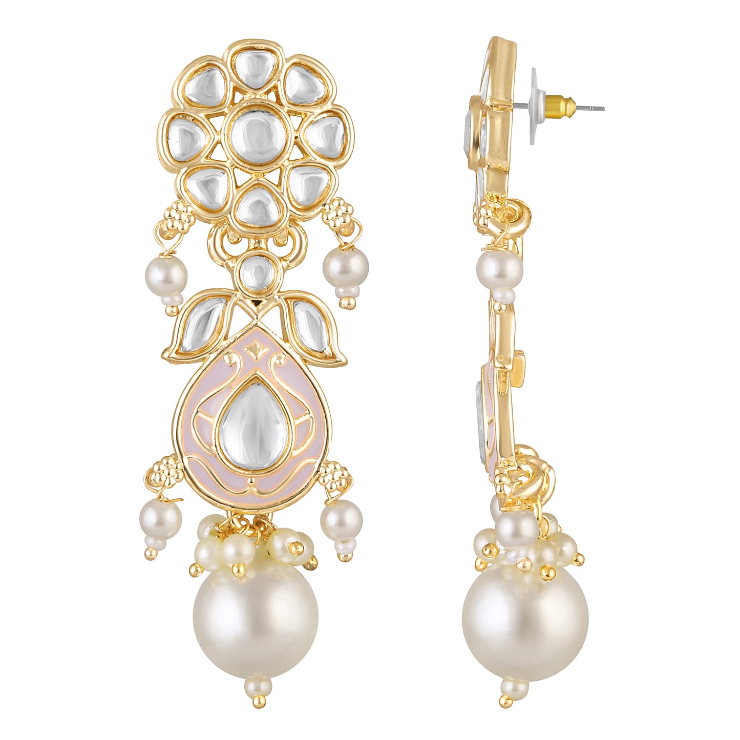 Bdiva 18K Gold Plated Pink Kundan Meenakari Drop Earrings with Semi Cultured Pearls.