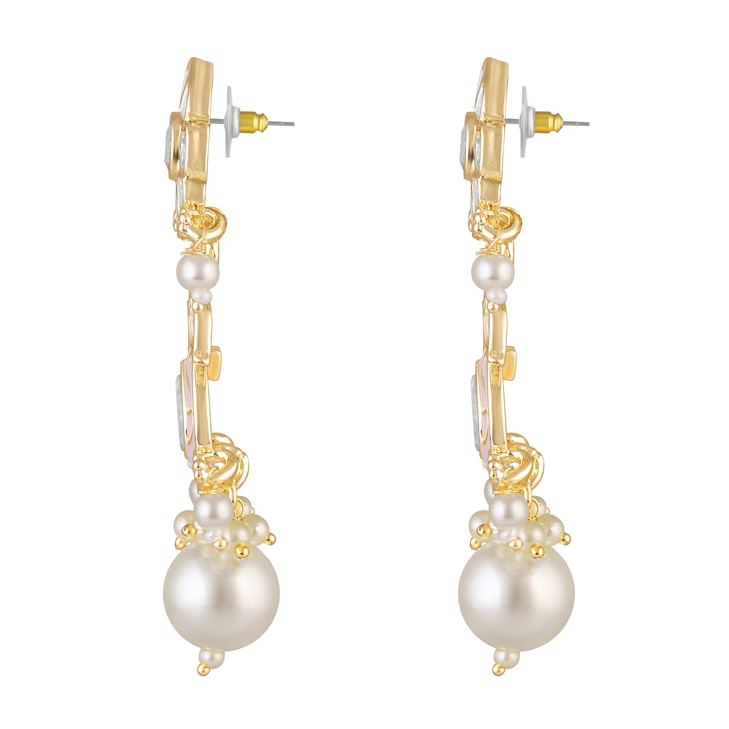 Bdiva 18K Gold Plated Pink Kundan Meenakari Drop Earrings with Semi Cultured Pearls.