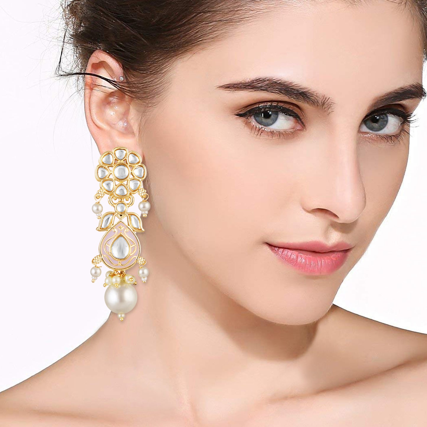 Bdiva 18K Gold Plated Pink Kundan Meenakari Drop Earrings with Semi Cultured Pearls.