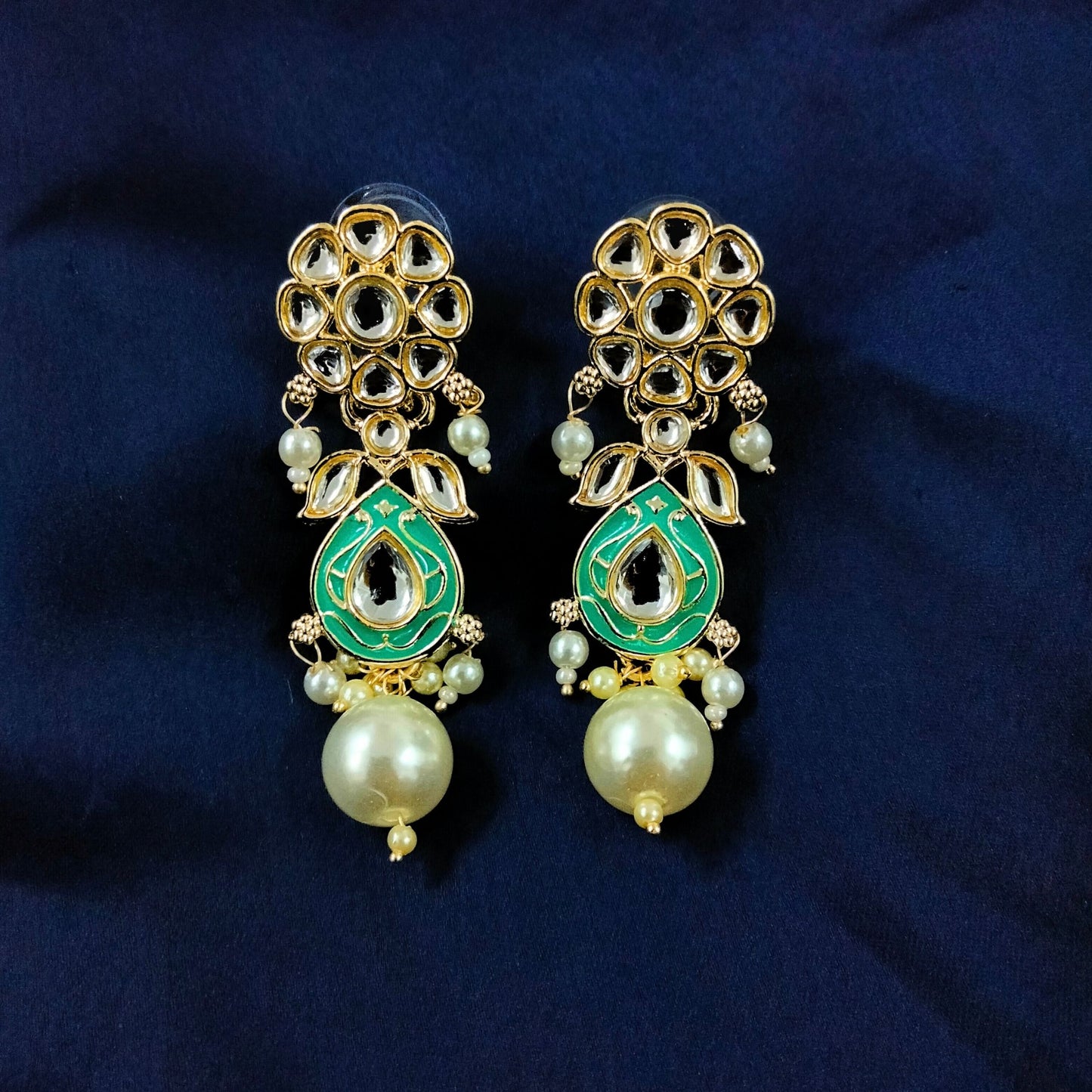 Bdiva 18K Gold Plated Green Kundan Meenakari Drop Earrings with Semi Cultured Pearls.
