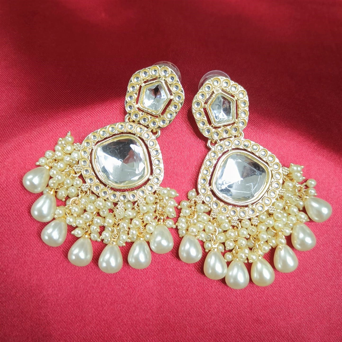 Bdiva 18K Gold Plated Kundan Dangler Earrings with Semi Cultured Pearls