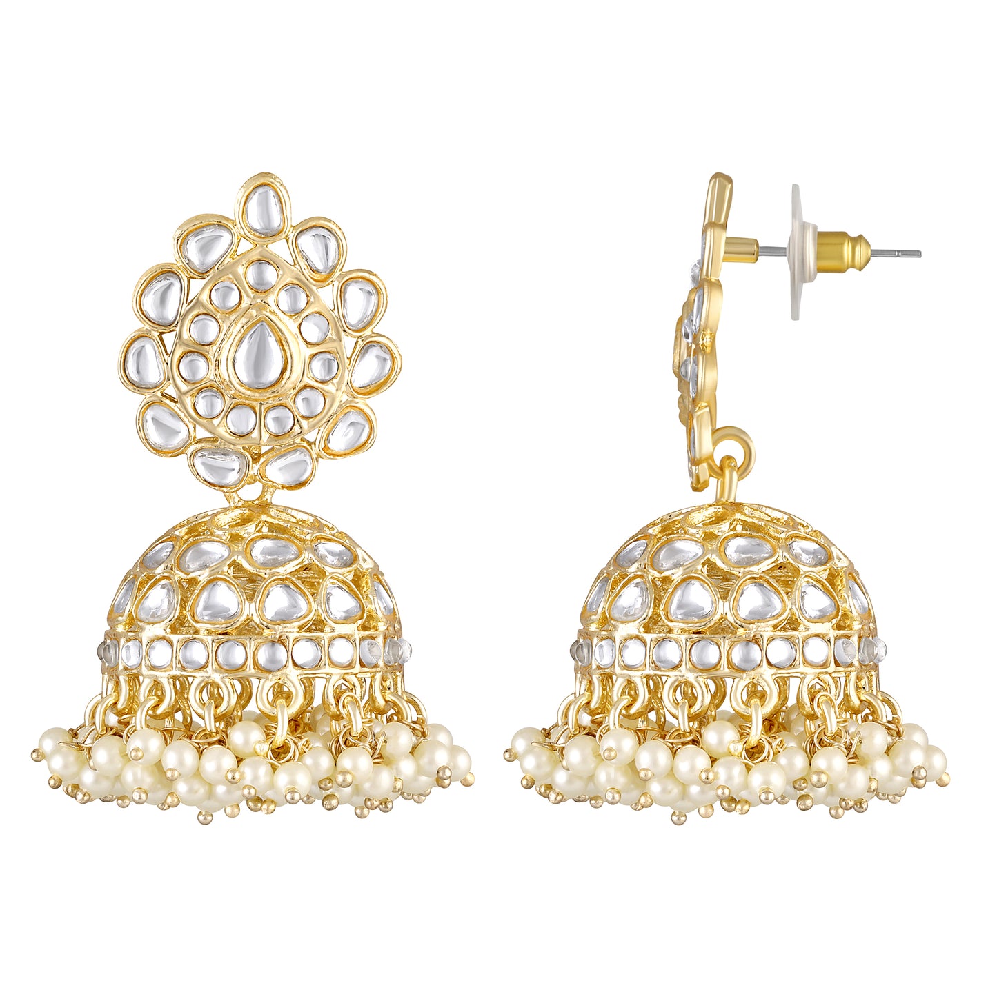 Bdiva 18K Gold Plated Kundan Jhumka Earrings with Semi Cultured Pearls.