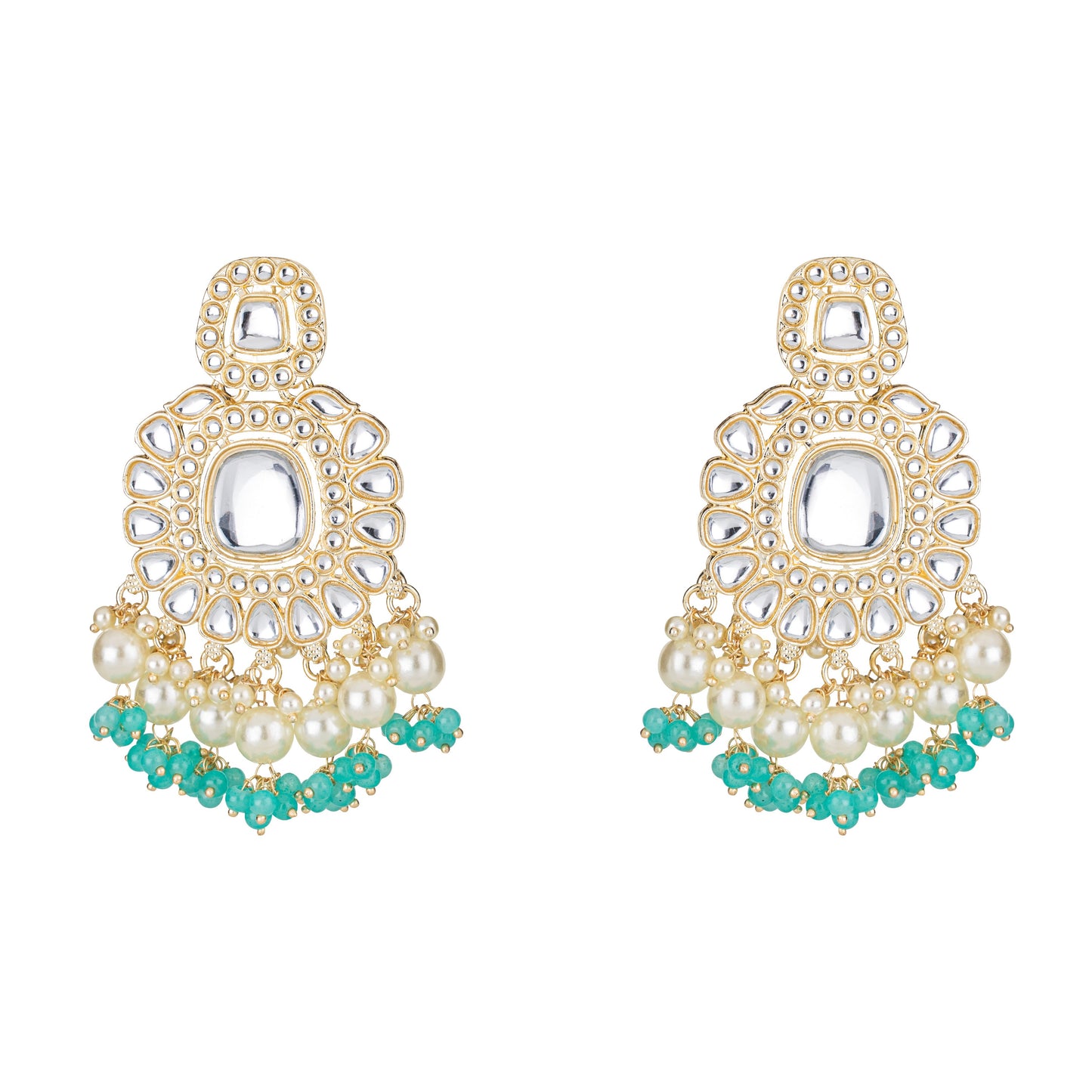 Bdiva 18K Gold Plated Turquoise Kundan Dangler Earrings with Semi Cultured Pearls.