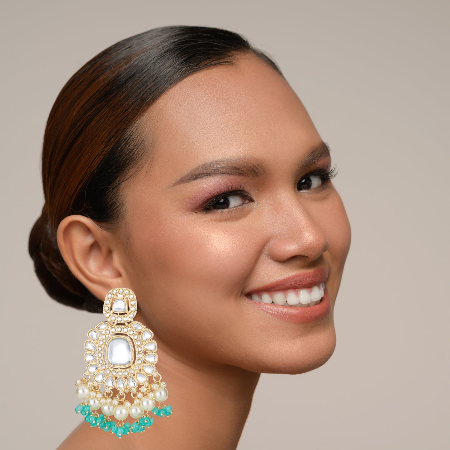 Bdiva 18K Gold Plated Turquoise Kundan Dangler Earrings with Semi Cultured Pearls.
