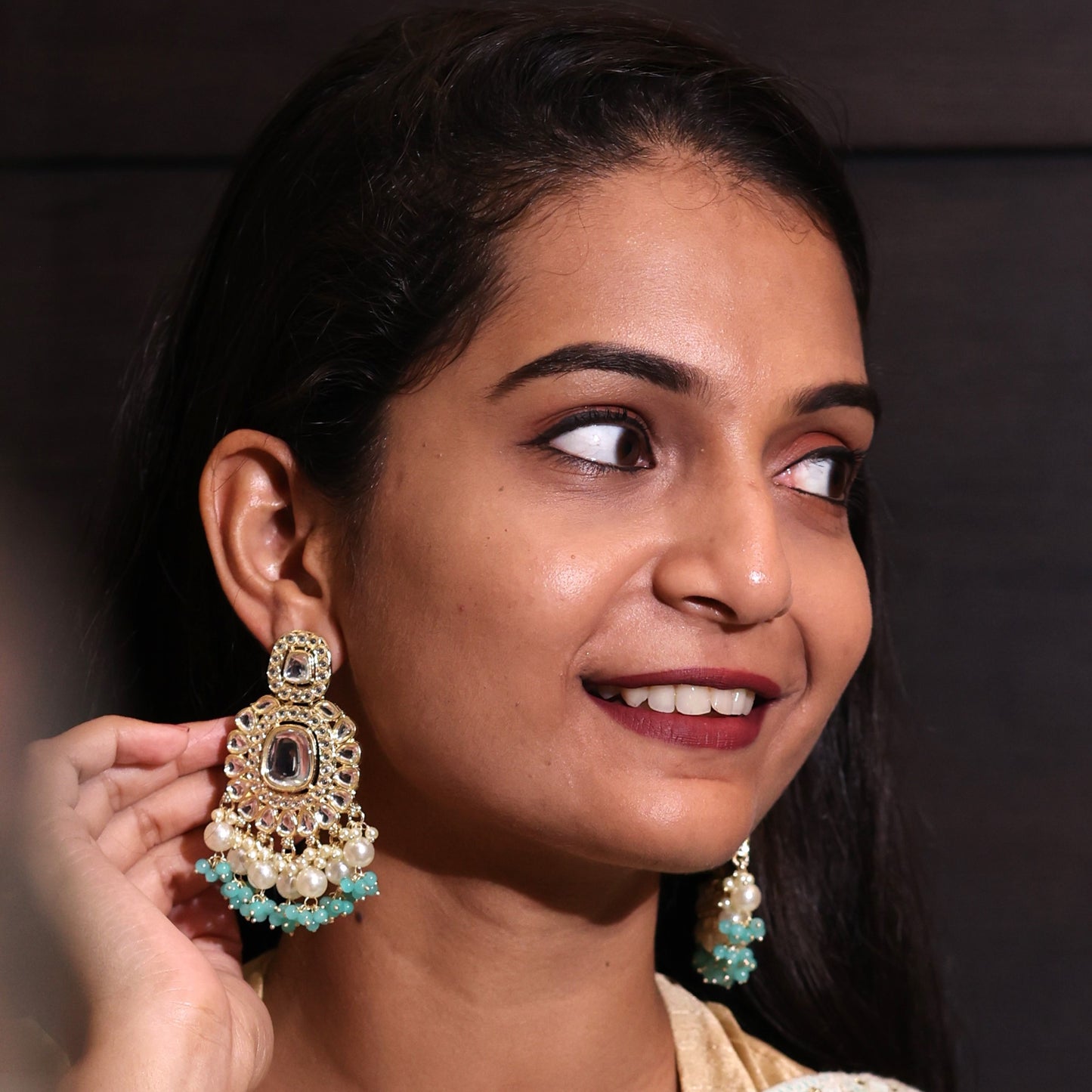Bdiva 18K Gold Plated Turquoise Kundan Dangler Earrings with Semi Cultured Pearls.