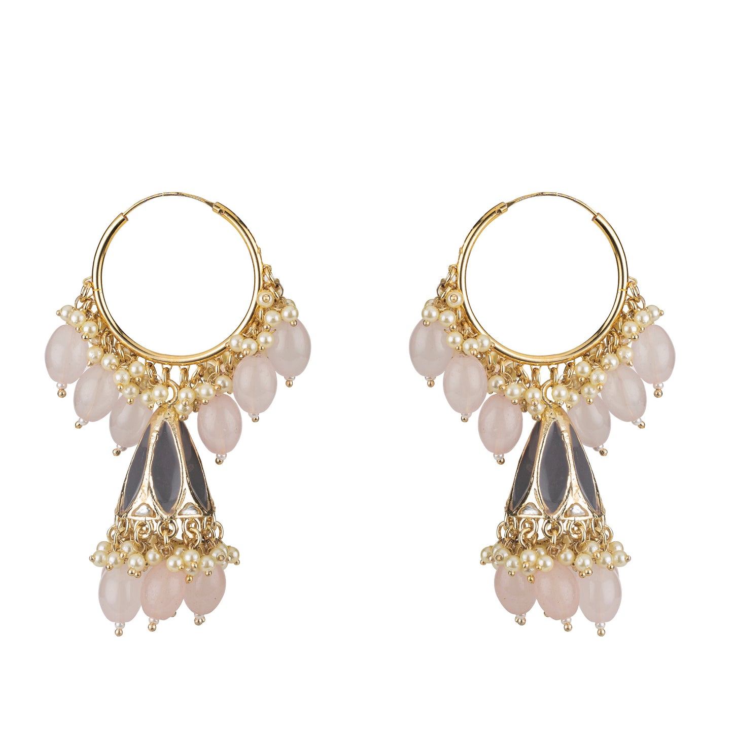 Bdiva 18K Gold Plated Rose Quartz Chandbali Hoops Earring with Semi Cultured Pearls.