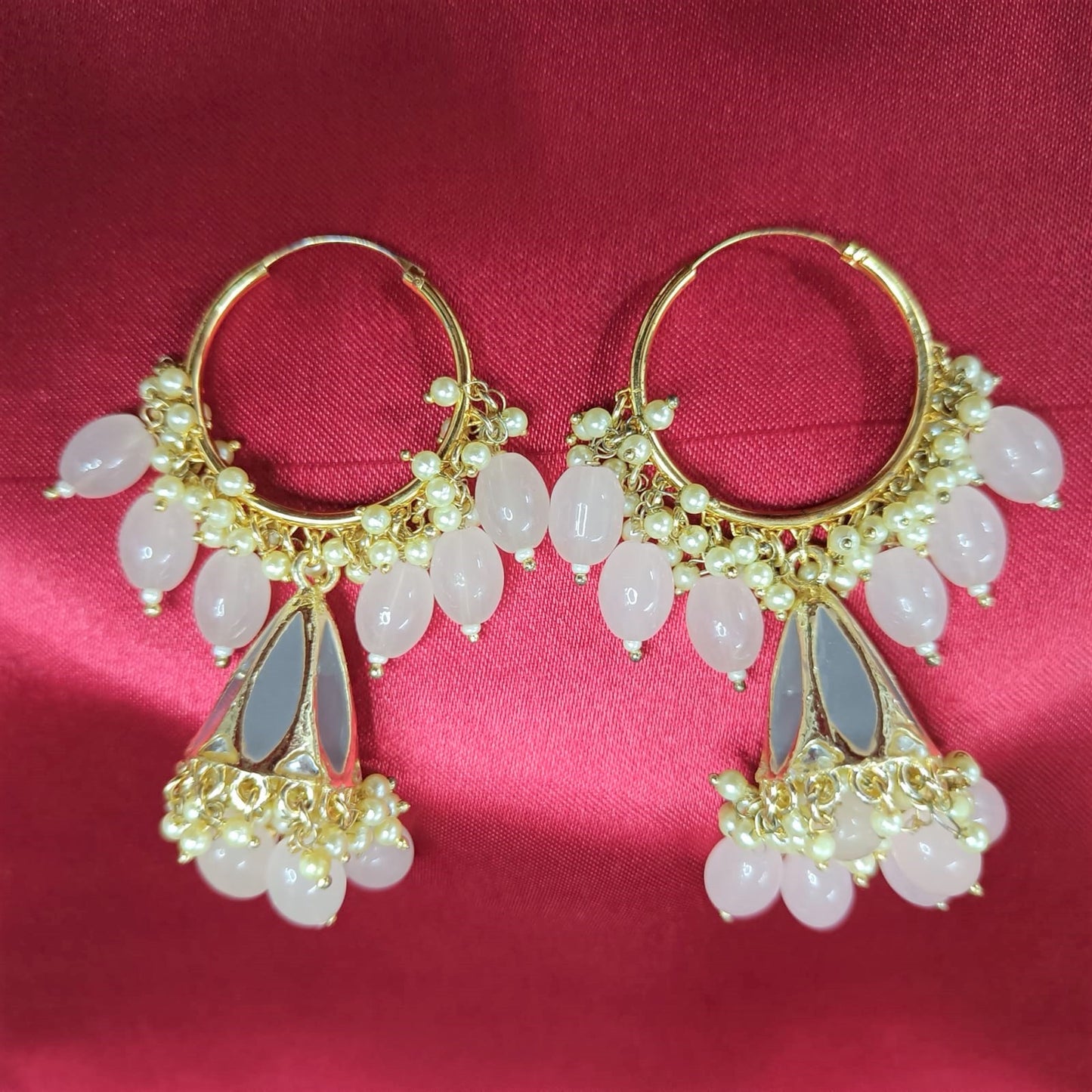 Bdiva 18K Gold Plated Rose Quartz Chandbali Hoops Earring with Semi Cultured Pearls.