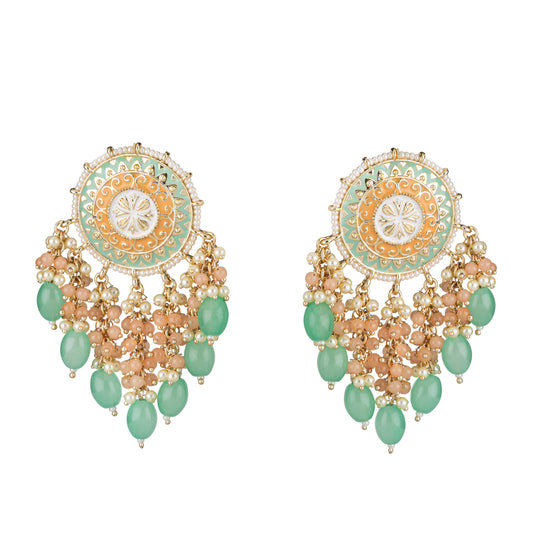 Bdiva 18K Gold Plated Green Coral Chandbali Earrings with Semi Cultured Pearls.
