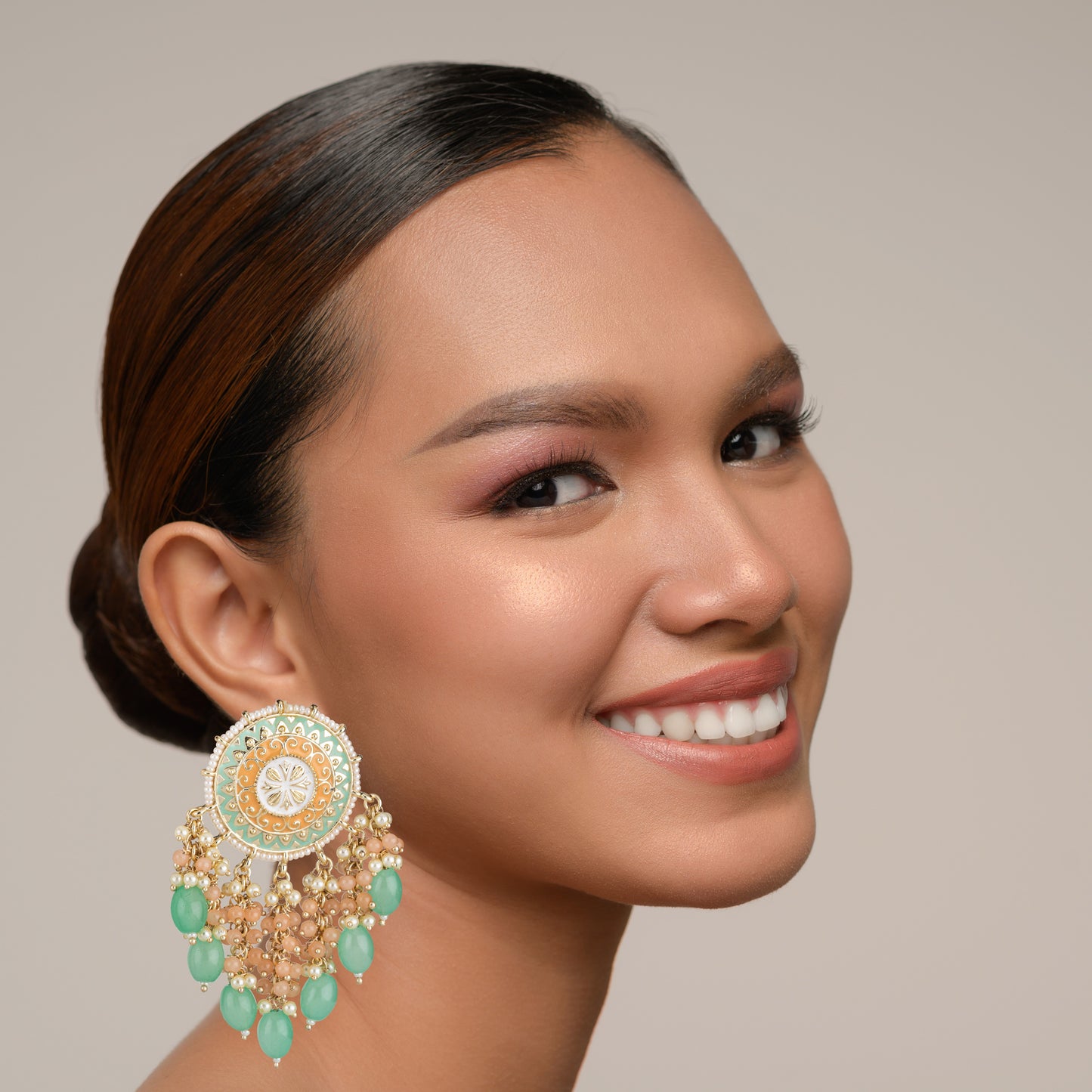 Bdiva 18K Gold Plated Green Coral Chandbali Earrings with Semi Cultured Pearls.