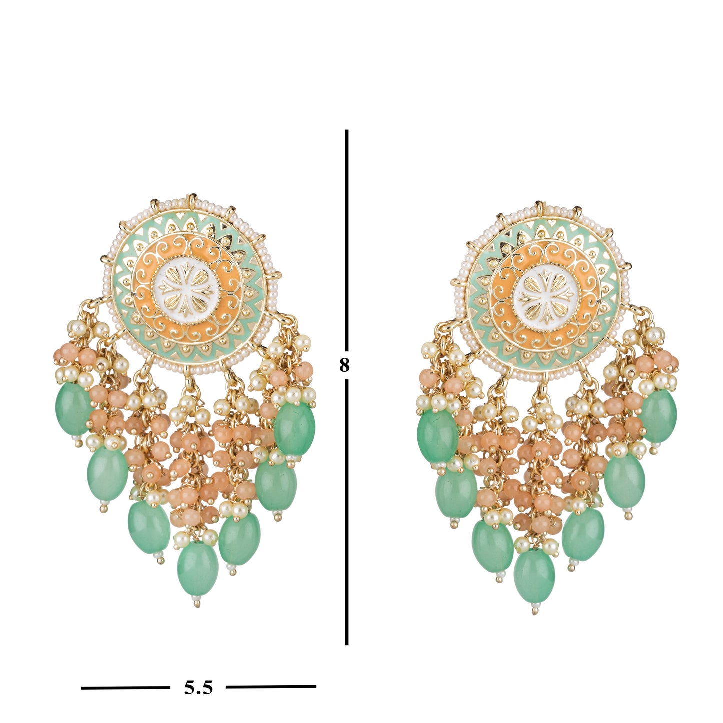 Bdiva 18K Gold Plated Green Coral Chandbali Earrings with Semi Cultured Pearls.