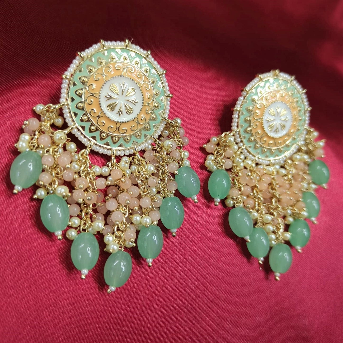 Bdiva 18K Gold Plated Green Coral Chandbali Earrings with Semi Cultured Pearls.