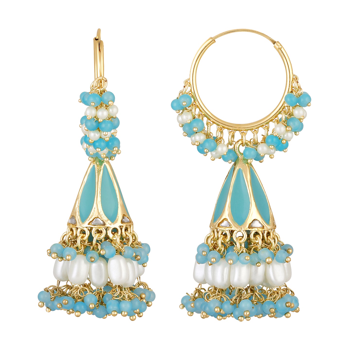 Bdiva 18K Gold Plated Turquoise Chandbali Earrings with Semi Cultured Pearls.