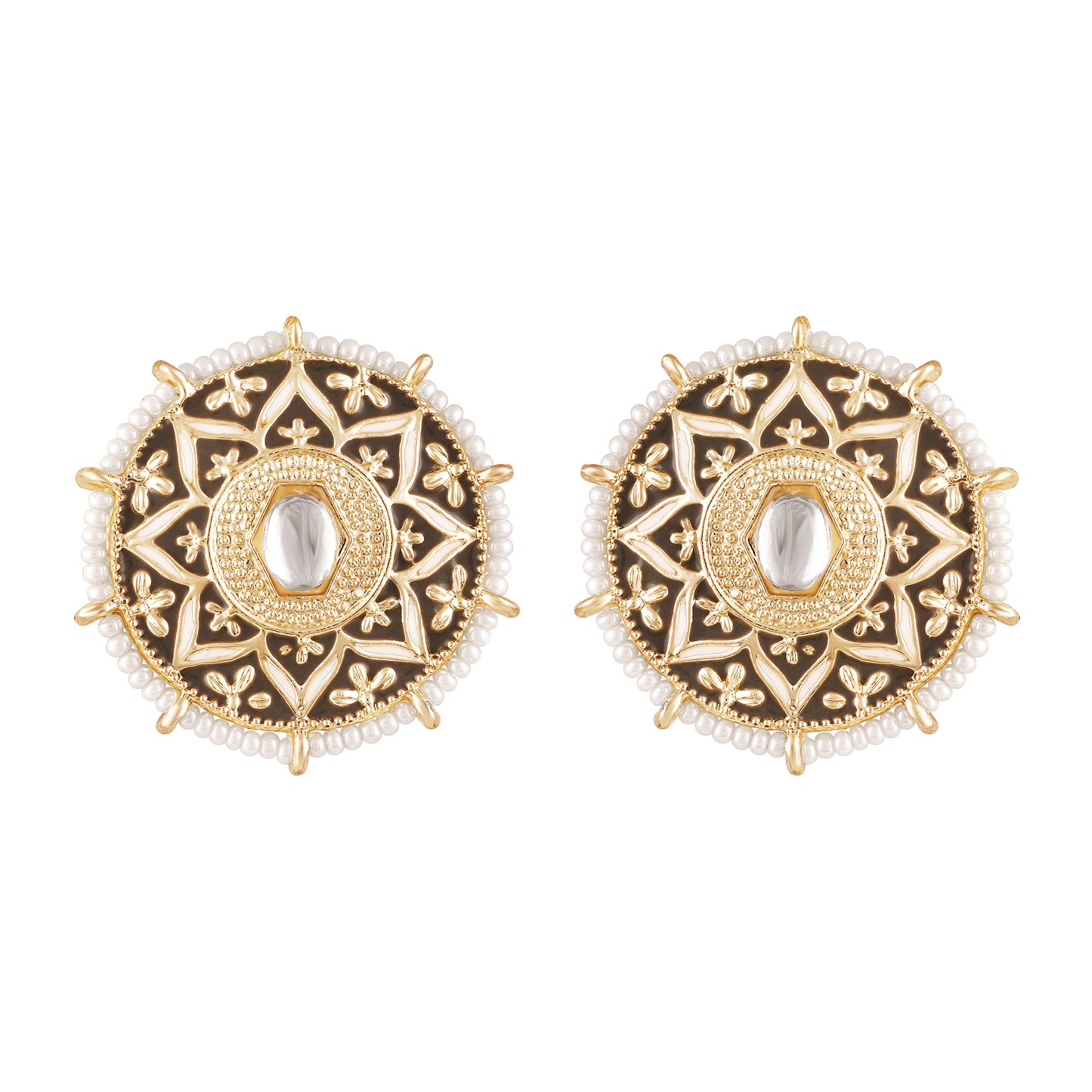 BDiva Antique Kundan Embellished Round Stud 18k Gold Plated Earrings