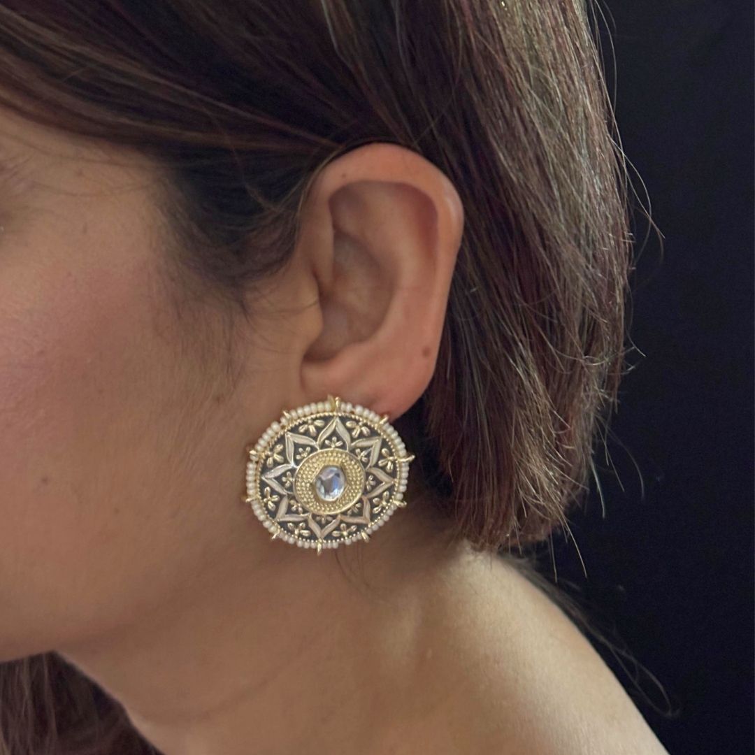 BDiva Antique Kundan Embellished Round Stud 18k Gold Plated Earrings