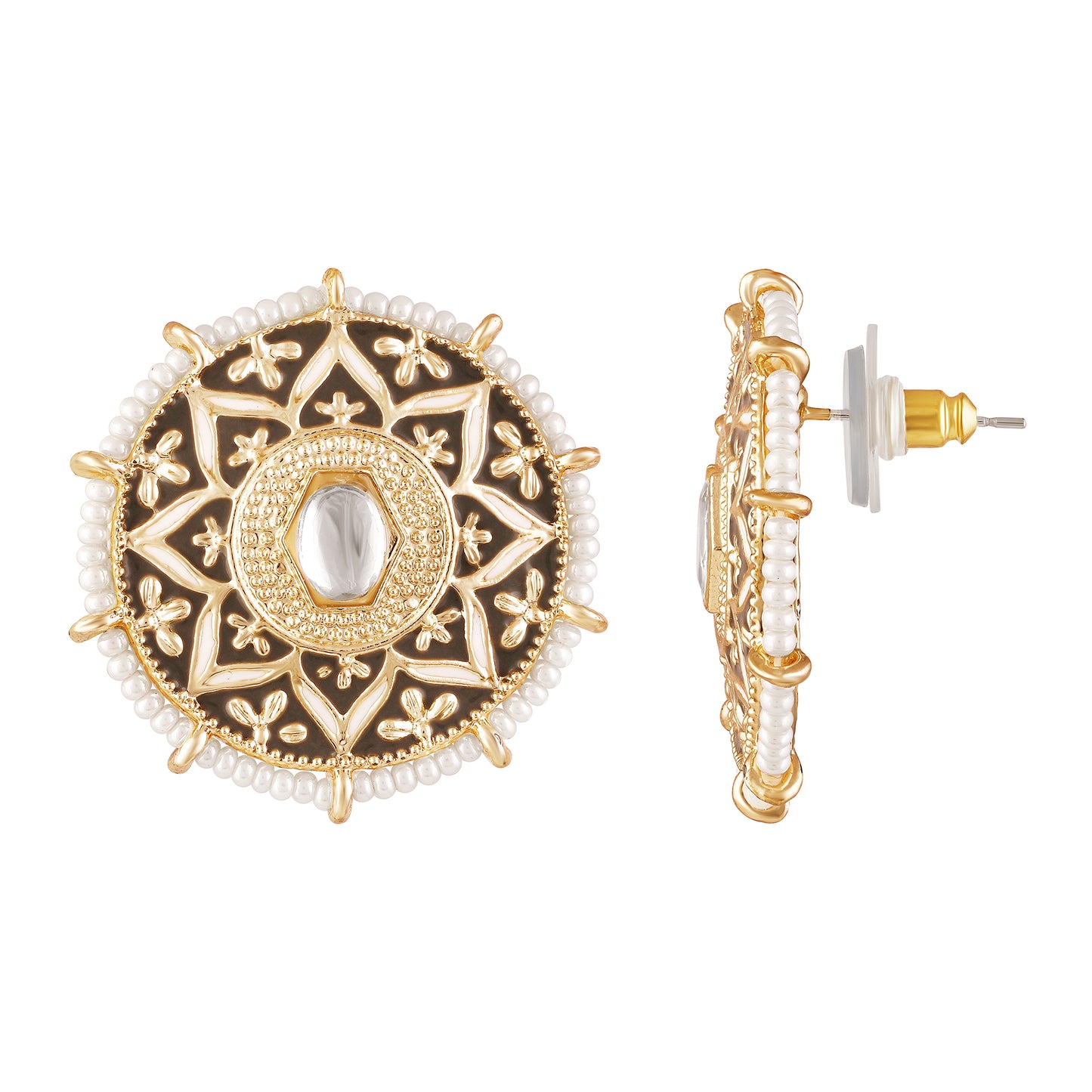 BDiva Antique Kundan Embellished Round Stud 18k Gold Plated Earrings