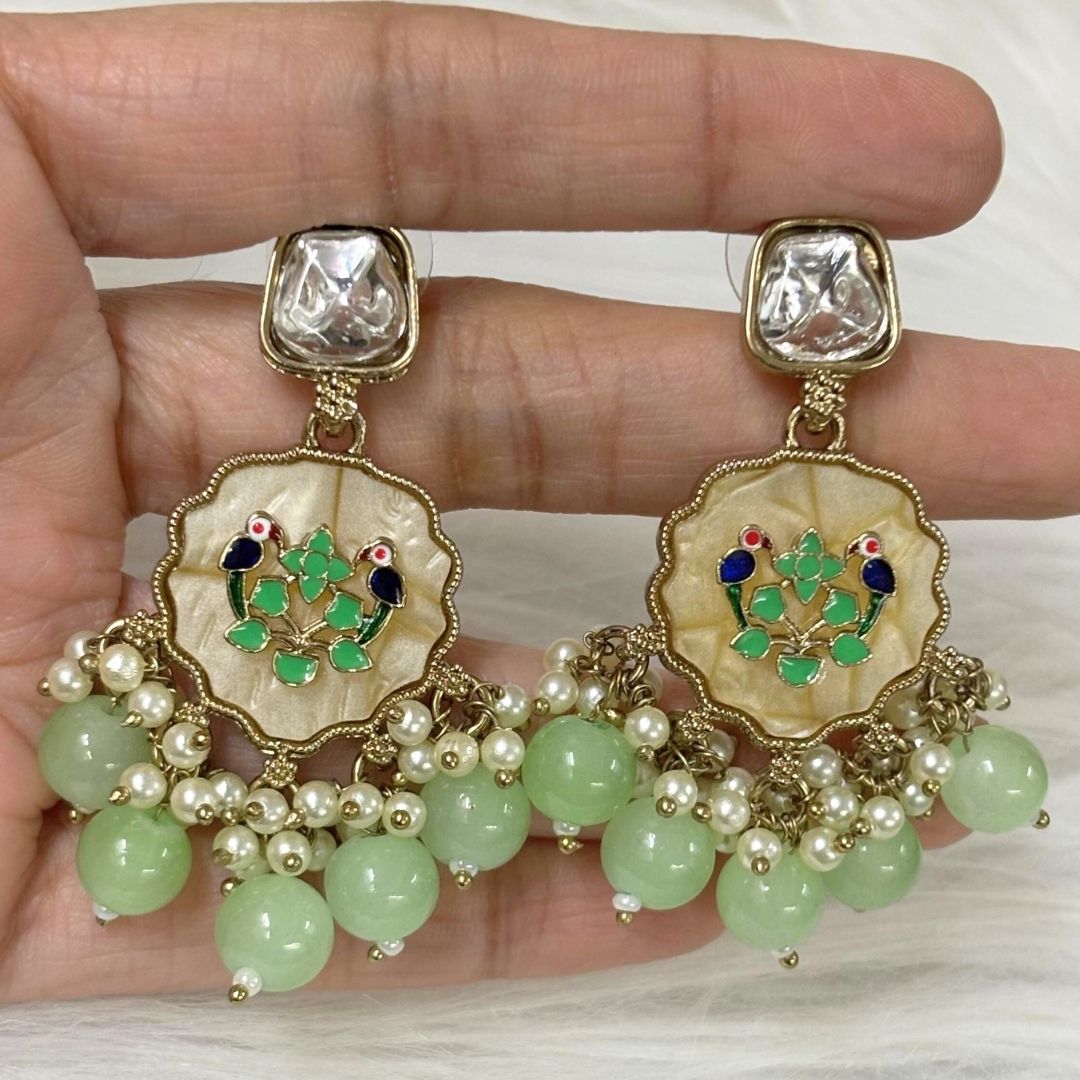 High-Quality Gold Plated Kundan Enamel Earrings with Green Semi-Cultured Pearls