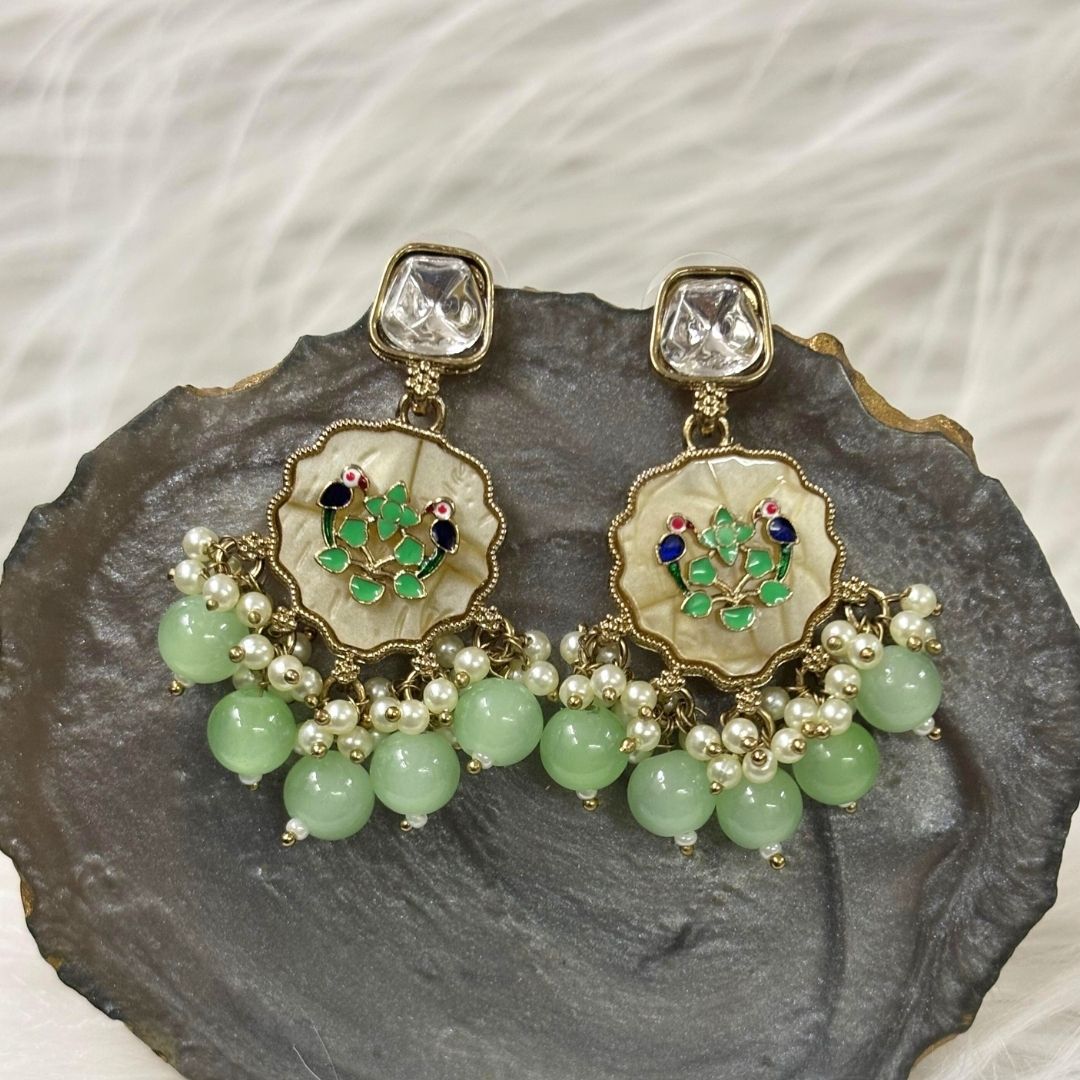High-Quality Gold Plated Kundan Enamel Earrings with Green Semi-Cultured Pearls