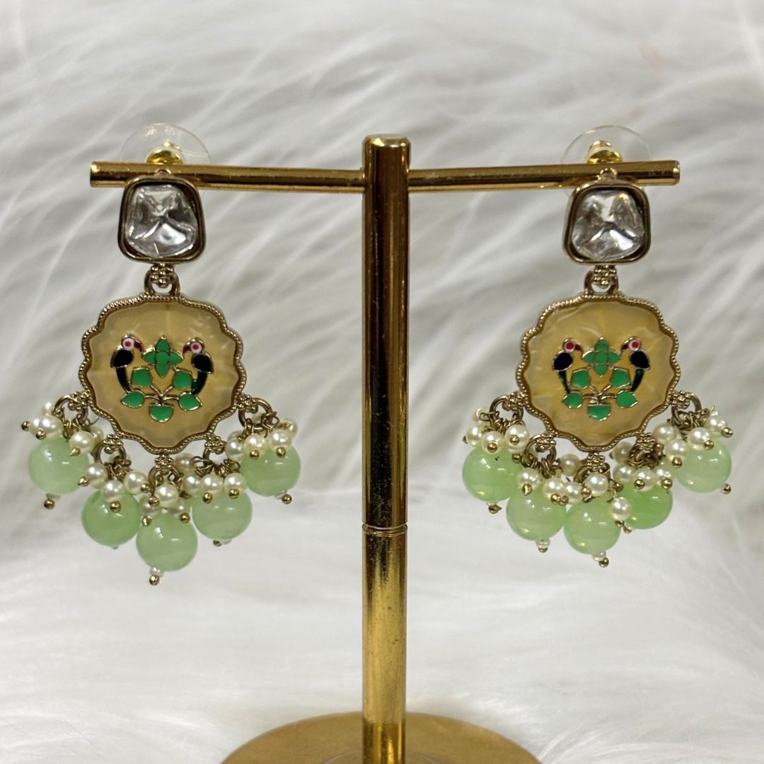 High-Quality Gold Plated Kundan Enamel Earrings with Green Semi-Cultured Pearls