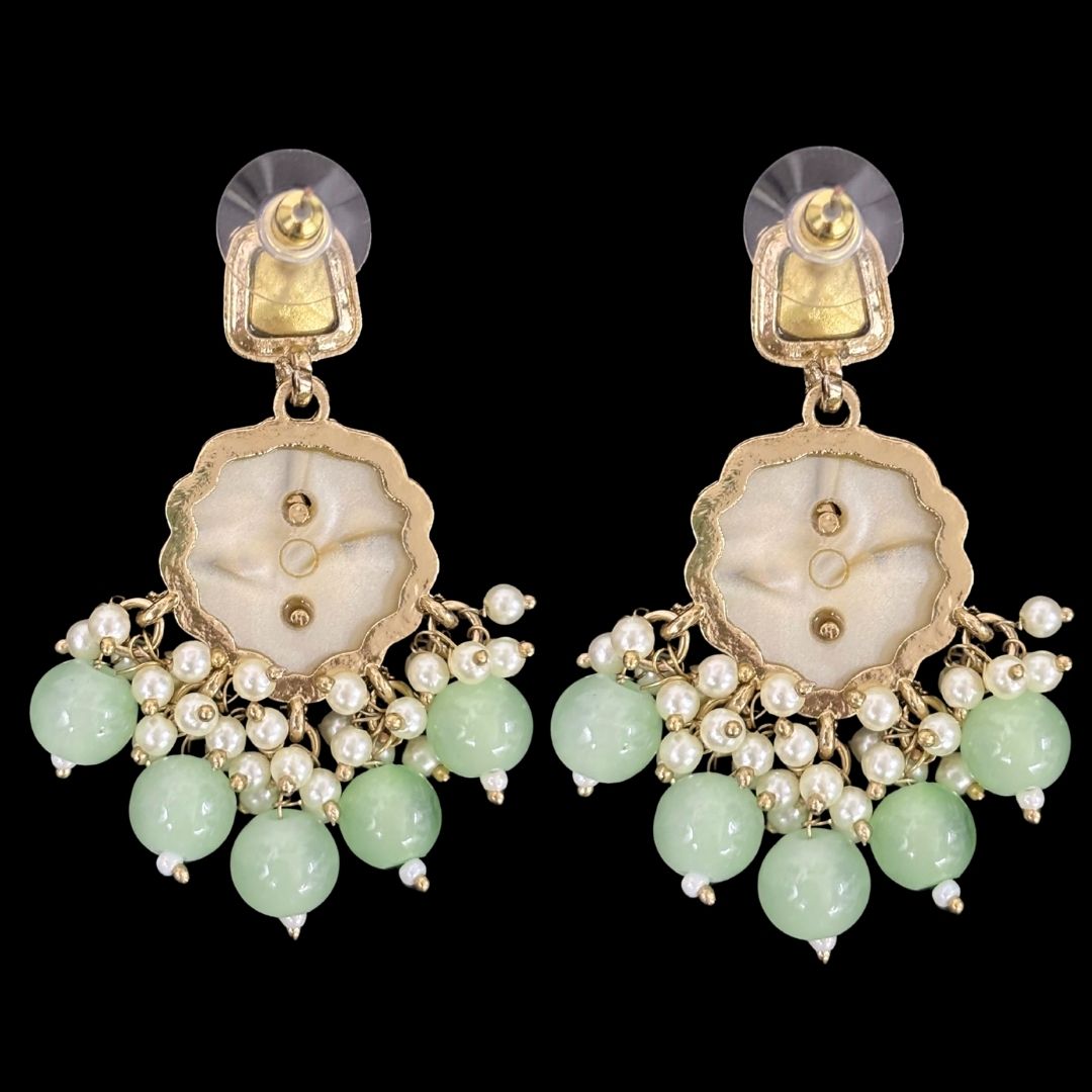 High-Quality Gold Plated Kundan Enamel Earrings with Green Semi-Cultured Pearls