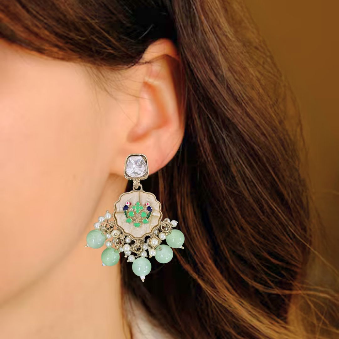 High-Quality Gold Plated Kundan Enamel Earrings with Green Semi-Cultured Pearls