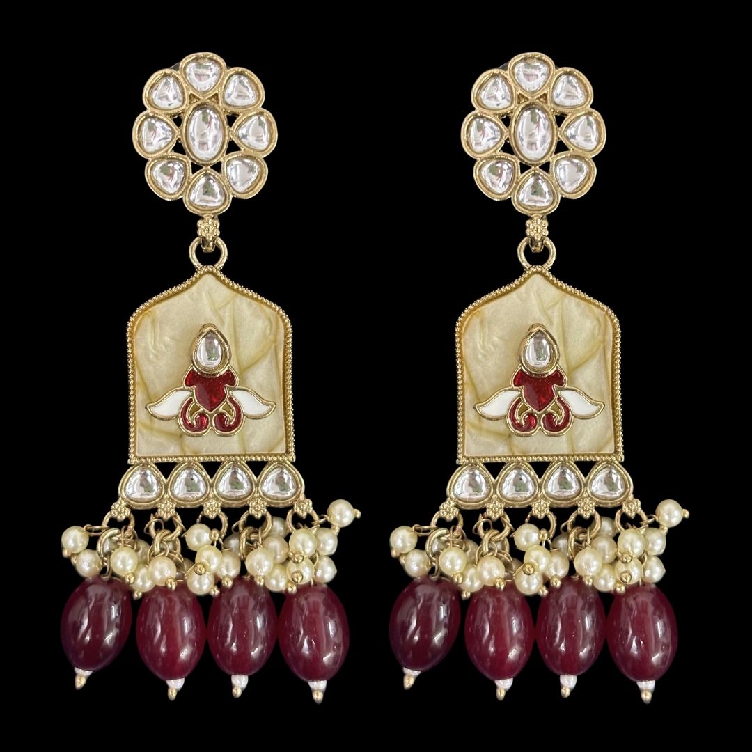 High-Quality Gold Plated Kundan Enamel Earrings with Maroon Semi-Cultured Pearls