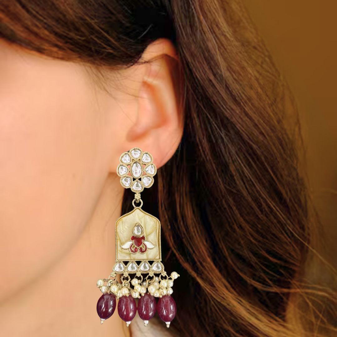 High-Quality Gold Plated Kundan Enamel Earrings with Maroon Semi-Cultured Pearls