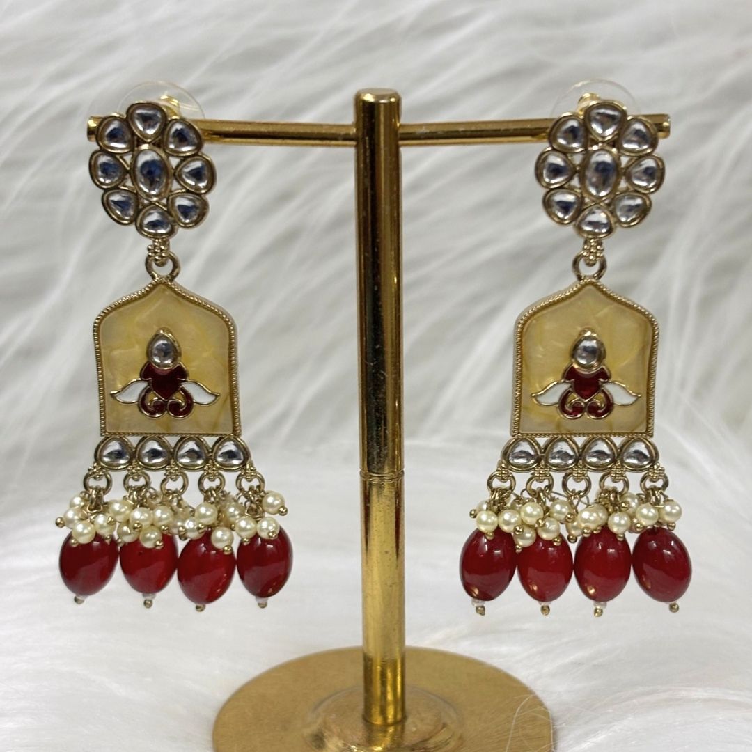 High-Quality Gold Plated Kundan Enamel Earrings with Maroon Semi-Cultured Pearls