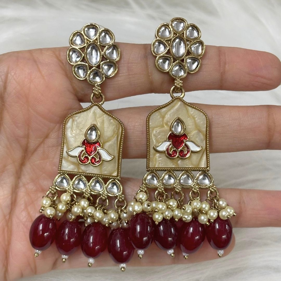 High-Quality Gold Plated Kundan Enamel Earrings with Maroon Semi-Cultured Pearls