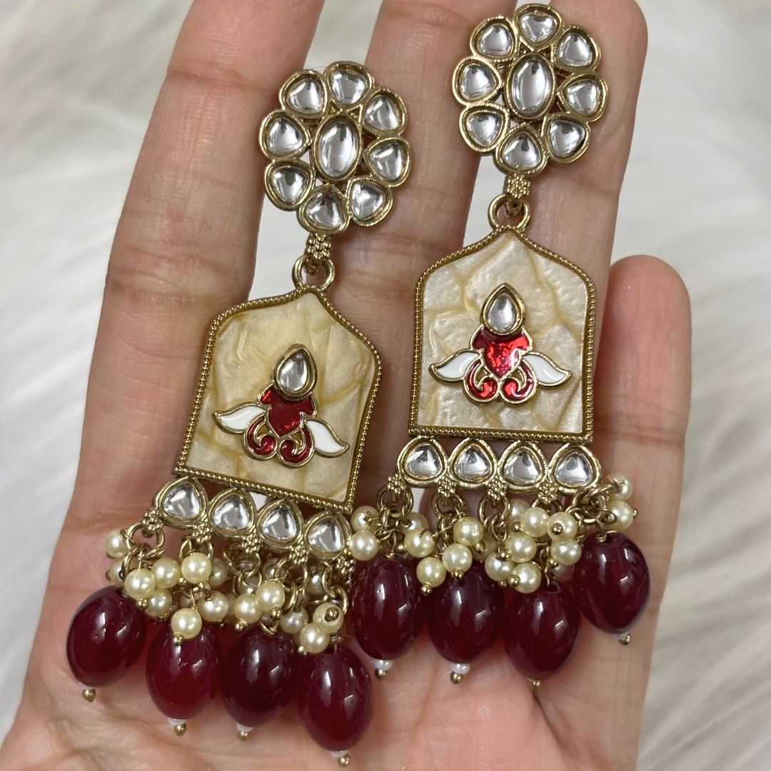 High-Quality Gold Plated Kundan Enamel Earrings with Maroon Semi-Cultured Pearls