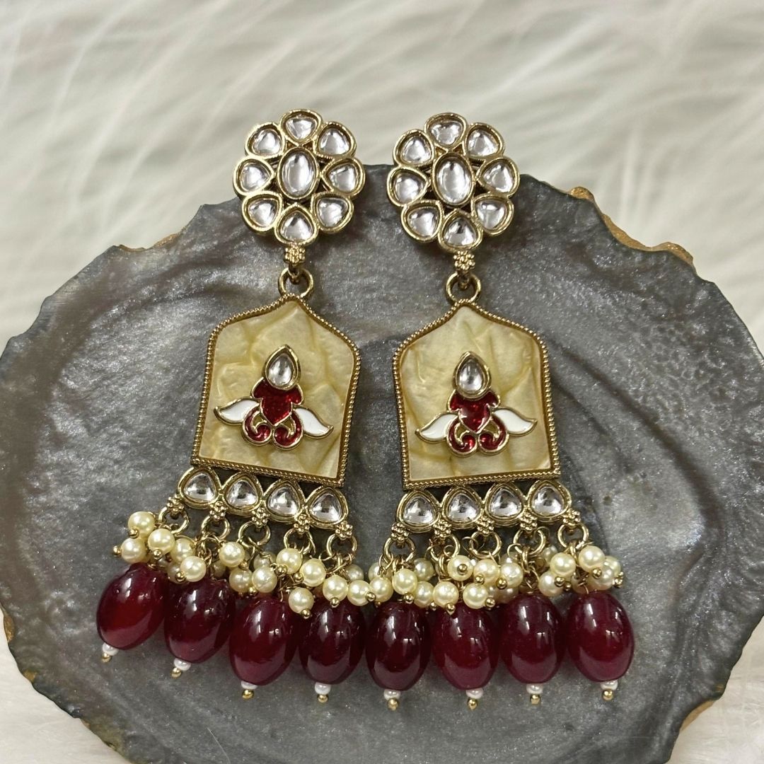 High-Quality Gold Plated Kundan Enamel Earrings with Maroon Semi-Cultured Pearls