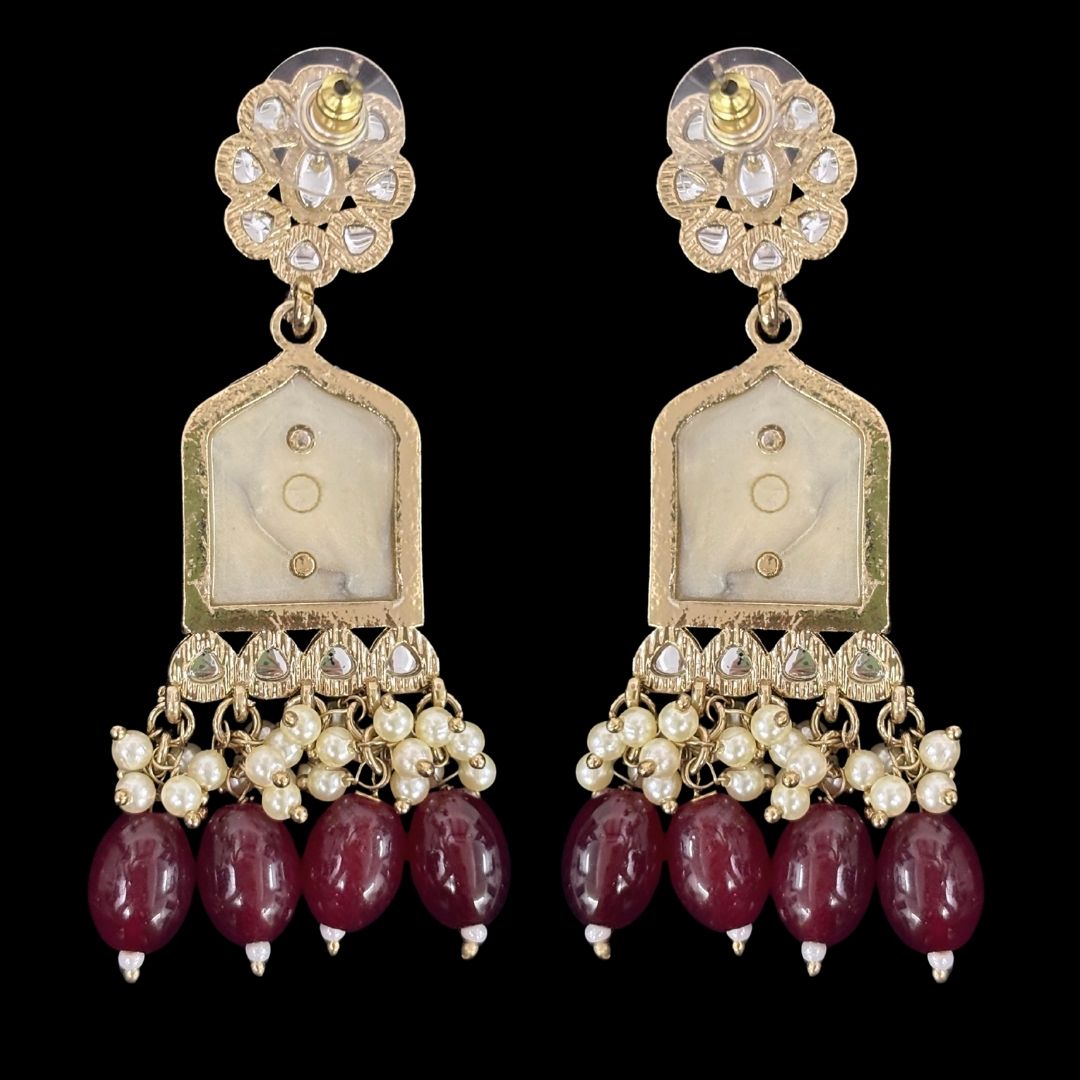 High-Quality Gold Plated Kundan Enamel Earrings with Maroon Semi-Cultured Pearls