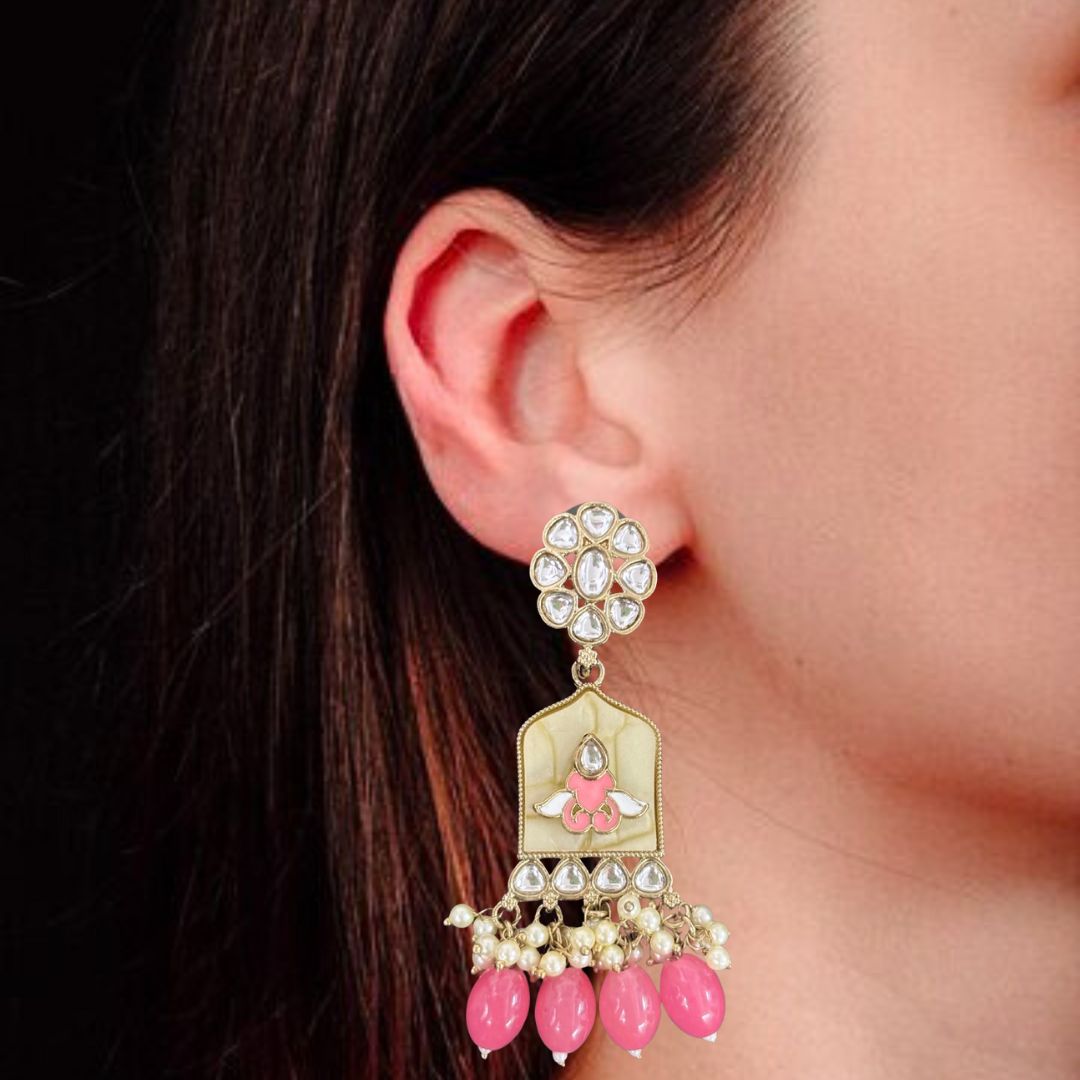 High-Quality Gold Plated Kundan Earrings with Enamel & Pink Semi-Cultured Pearls
