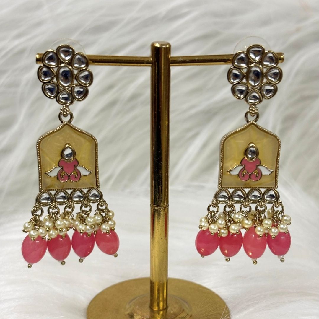 High-Quality Gold Plated Kundan Earrings with Enamel & Pink Semi-Cultured Pearls