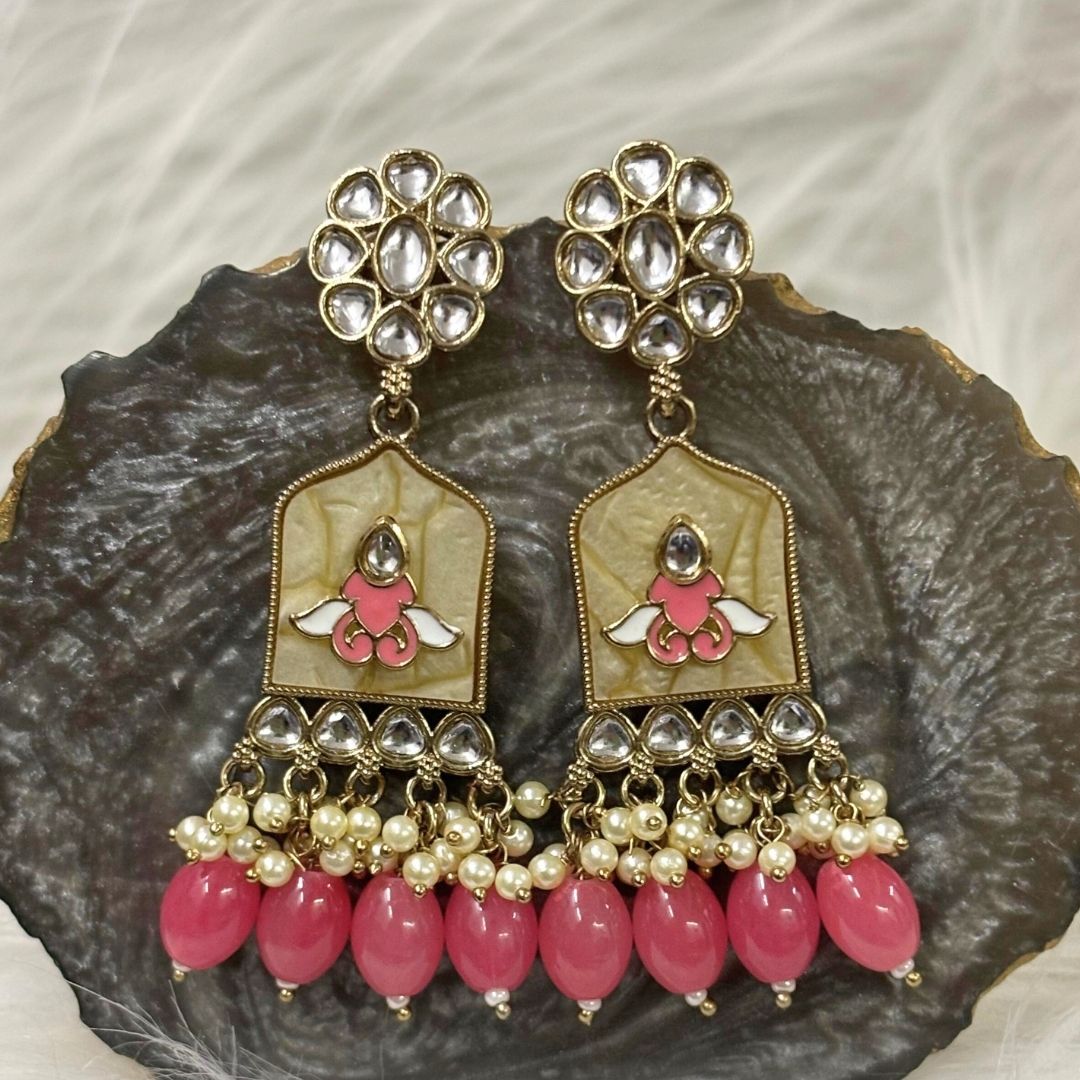 High-Quality Gold Plated Kundan Earrings with Enamel & Pink Semi-Cultured Pearls