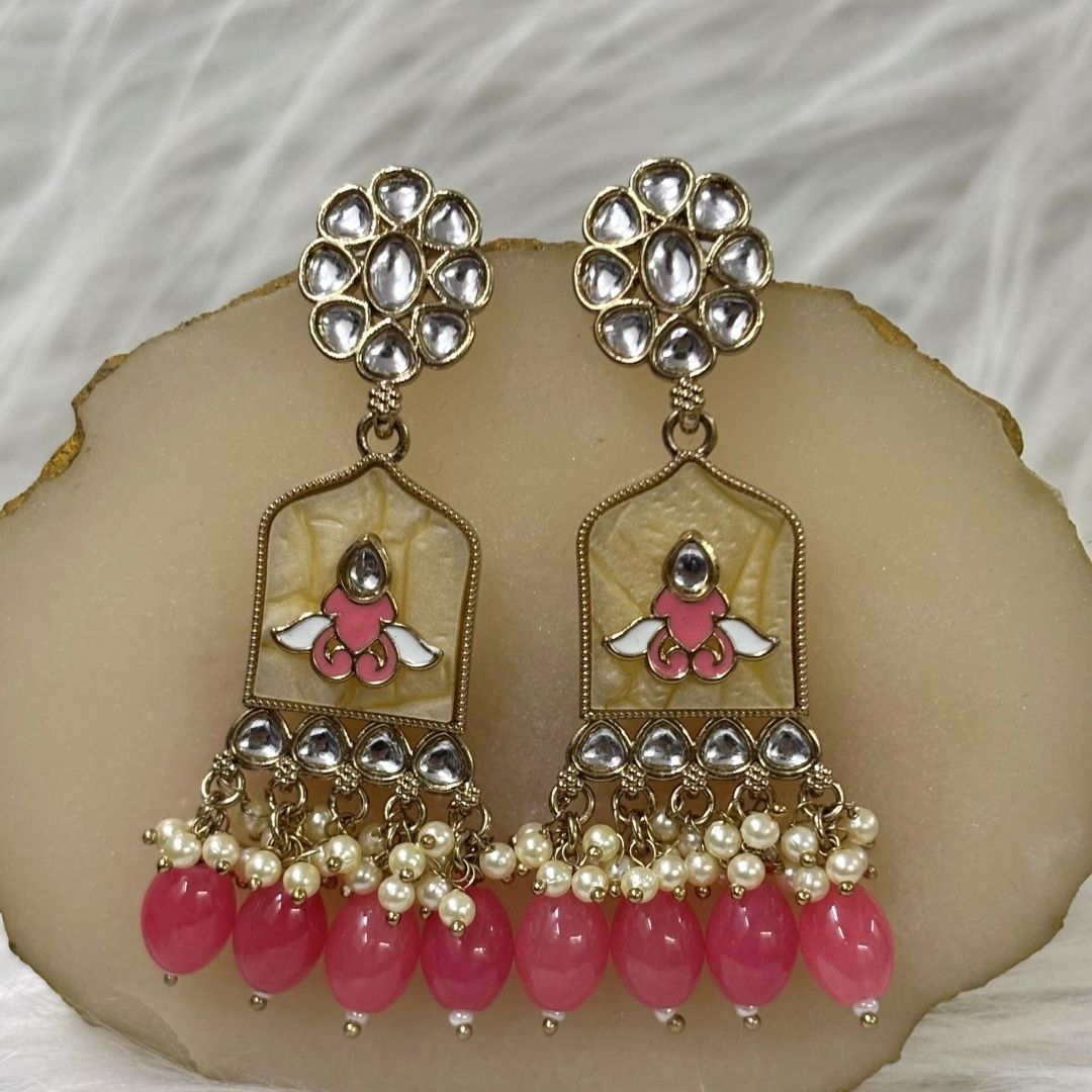 High-Quality Gold Plated Kundan Earrings with Enamel & Pink Semi-Cultured Pearls