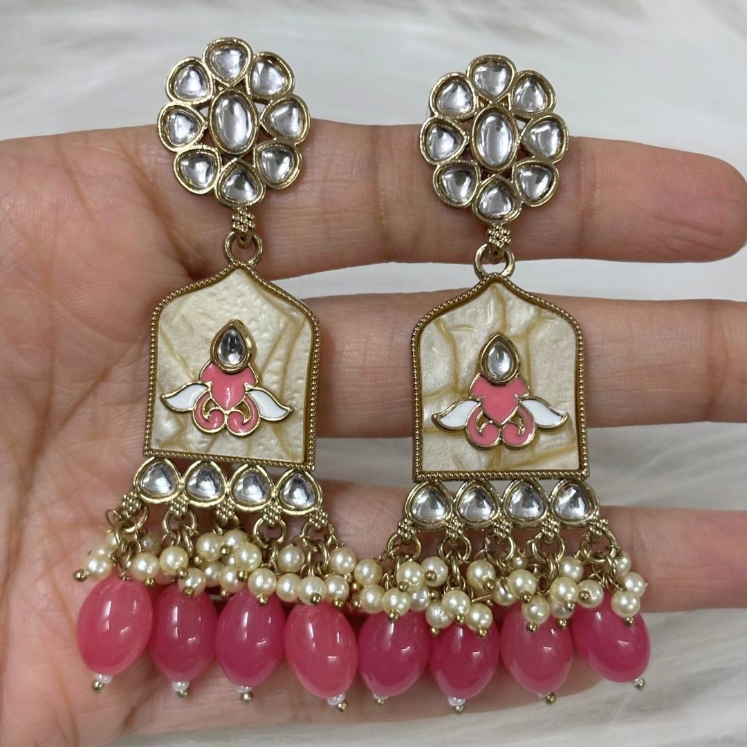 High-Quality Gold Plated Kundan Earrings with Enamel & Pink Semi-Cultured Pearls