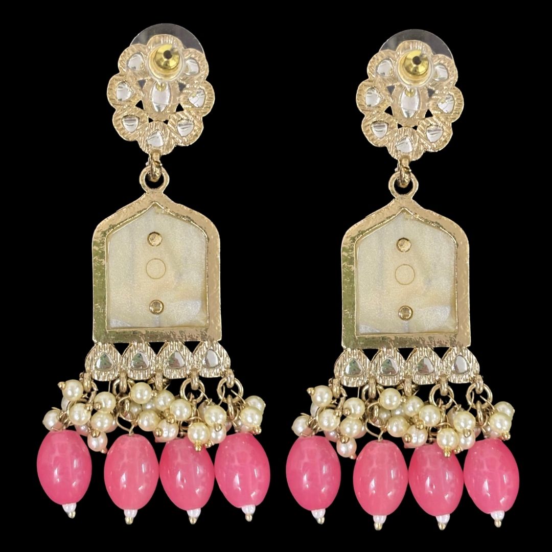 High-Quality Gold Plated Kundan Earrings with Enamel & Pink Semi-Cultured Pearls