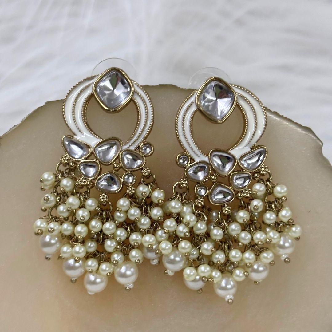 Gold Plated Statement Earrings | Kundan & Semi Cultured White Pearl Drops | Traditonal Jewelry for Women | Perfect for Party Wear