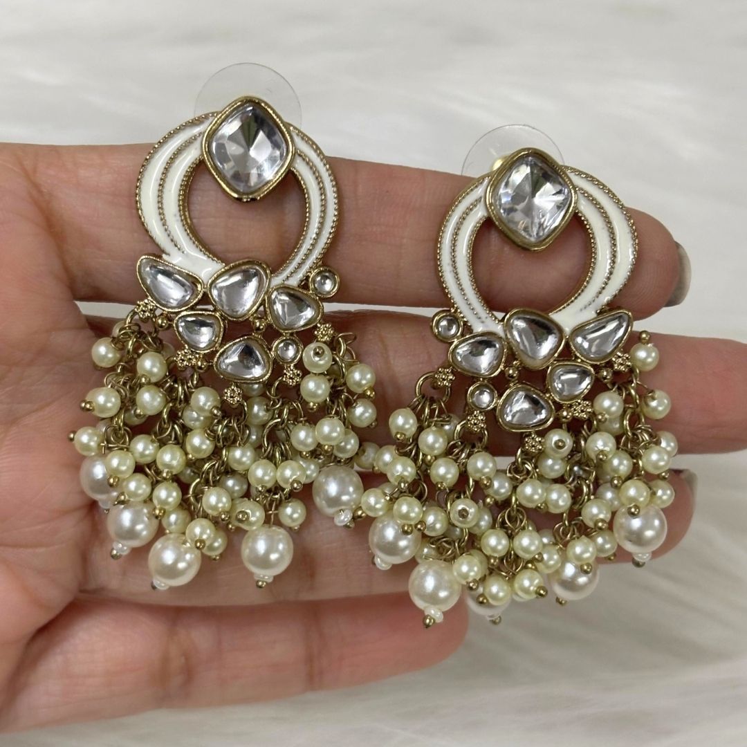 Gold Plated Statement Earrings | Kundan & Semi Cultured White Pearl Drops | Traditonal Jewelry for Women | Perfect for Party Wear