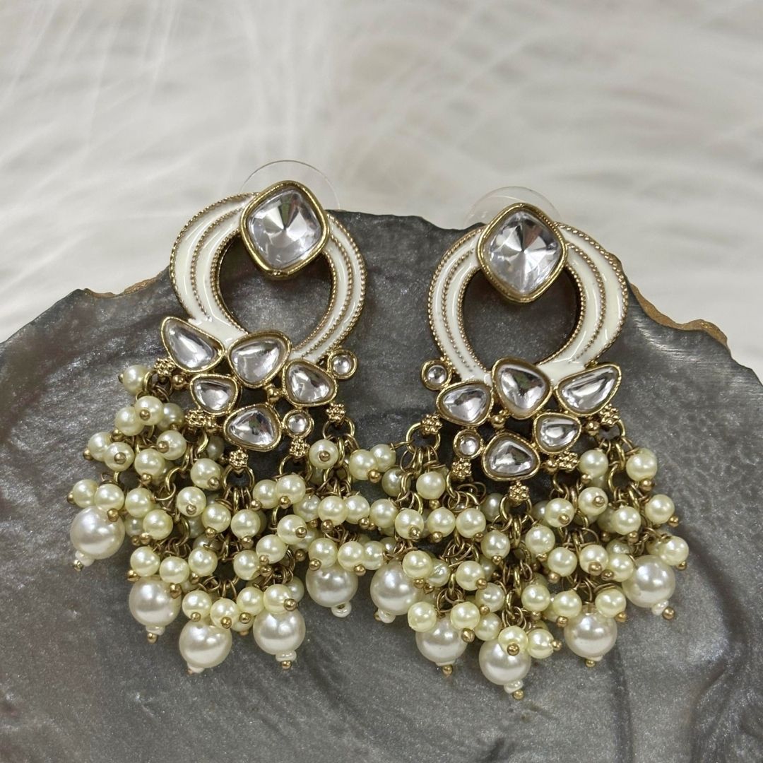 Gold Plated Statement Earrings | Kundan & Semi Cultured White Pearl Drops | Traditonal Jewelry for Women | Perfect for Party Wear