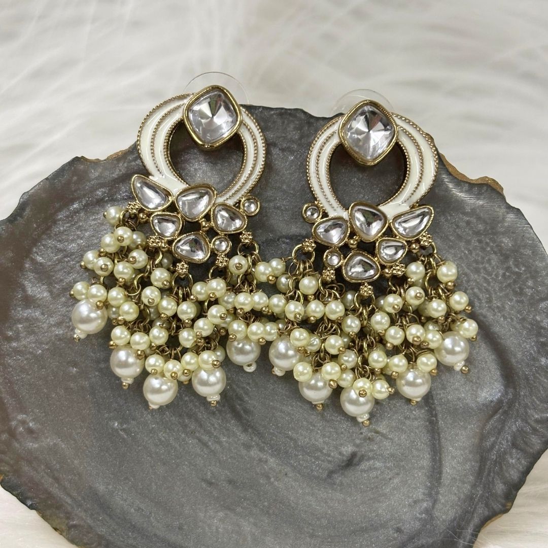 Gold Plated Statement Earrings | Kundan & Semi Cultured White Pearl Drops | Traditonal Jewelry for Women | Perfect for Party Wear