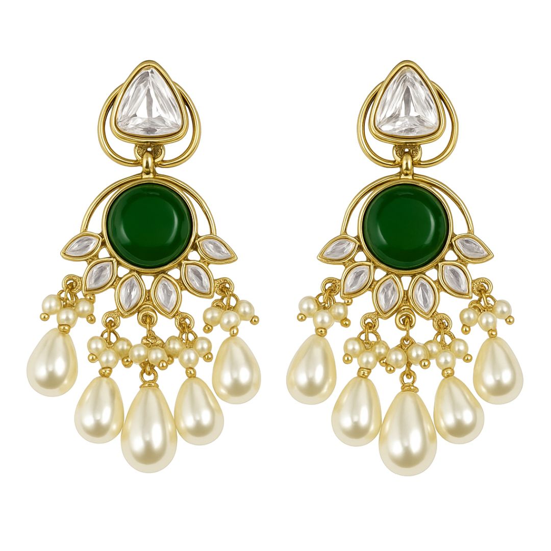 High Quality Gold Plated Emerald Kundan Chandbali Pearl Drop Earrings