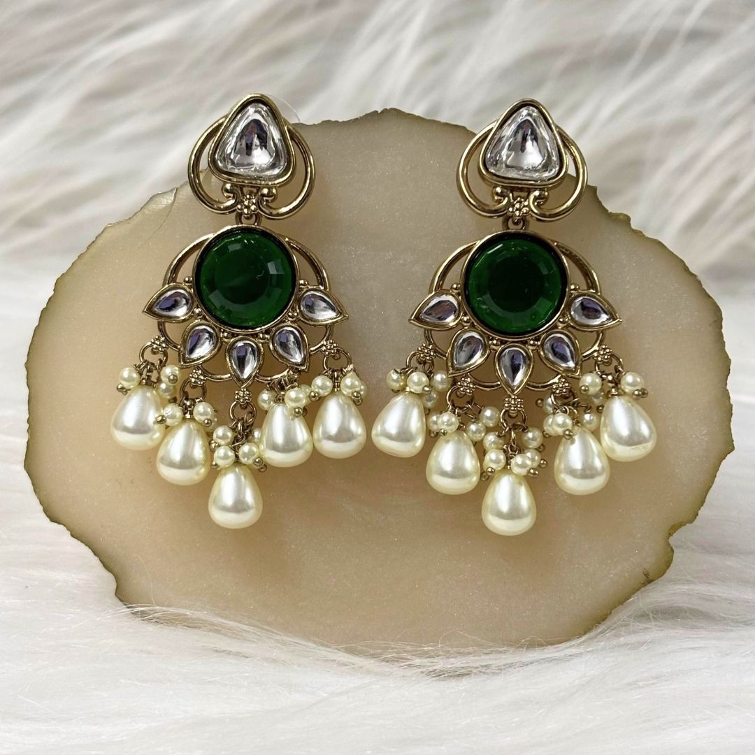 High Quality Gold Plated Emerald Kundan Chandbali Pearl Drop Earrings